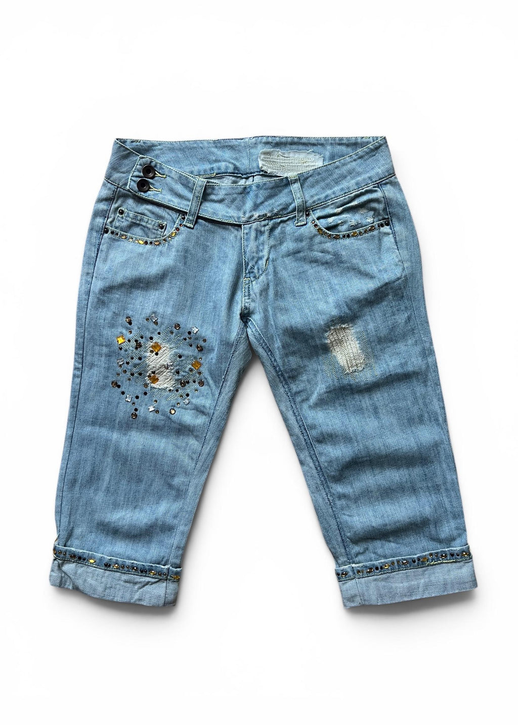 Jeans Capri Vintage Y2K Vita Bassa con Strass