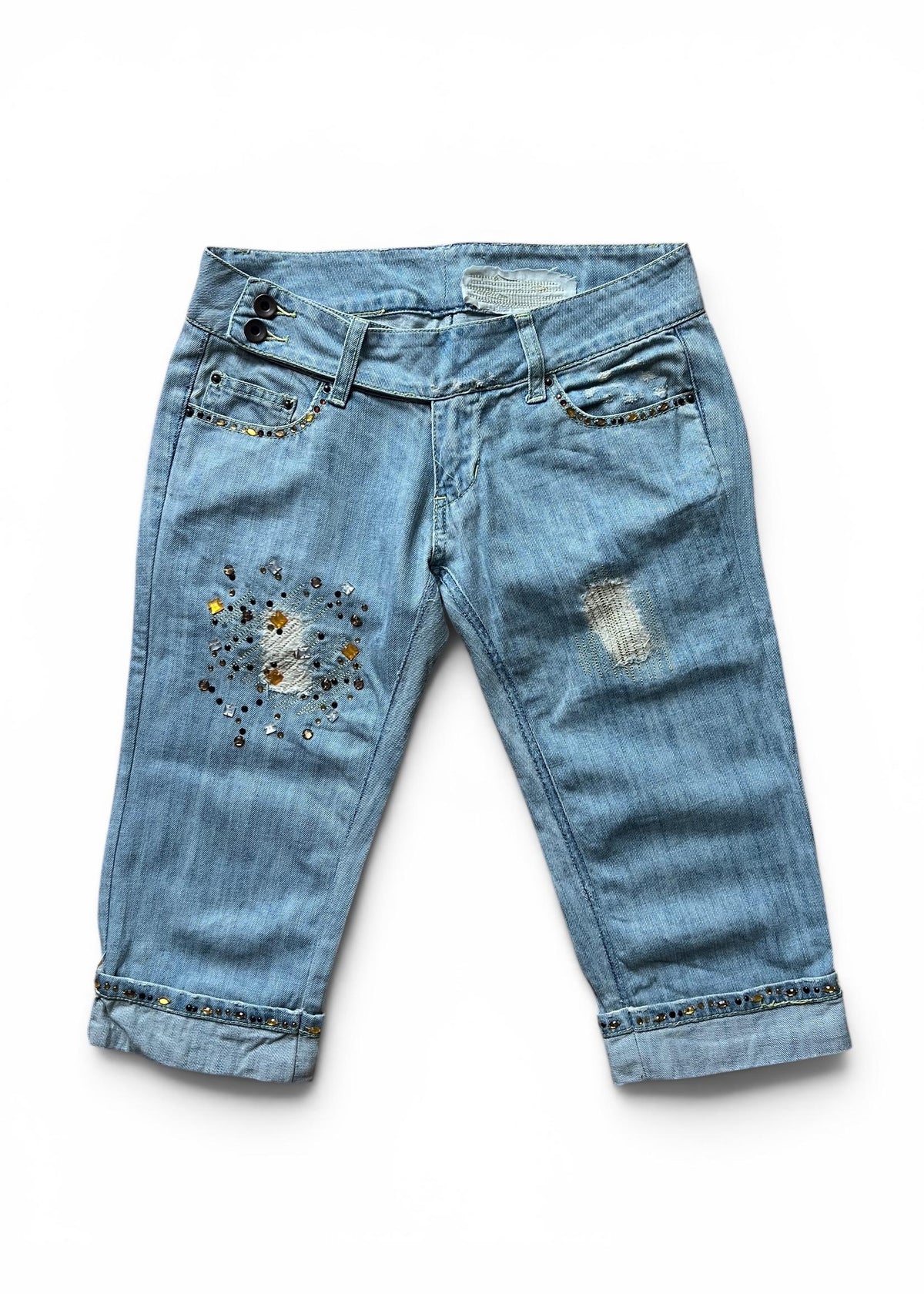 Jeans Capri Vintage Y2K Vita Bassa con Strass