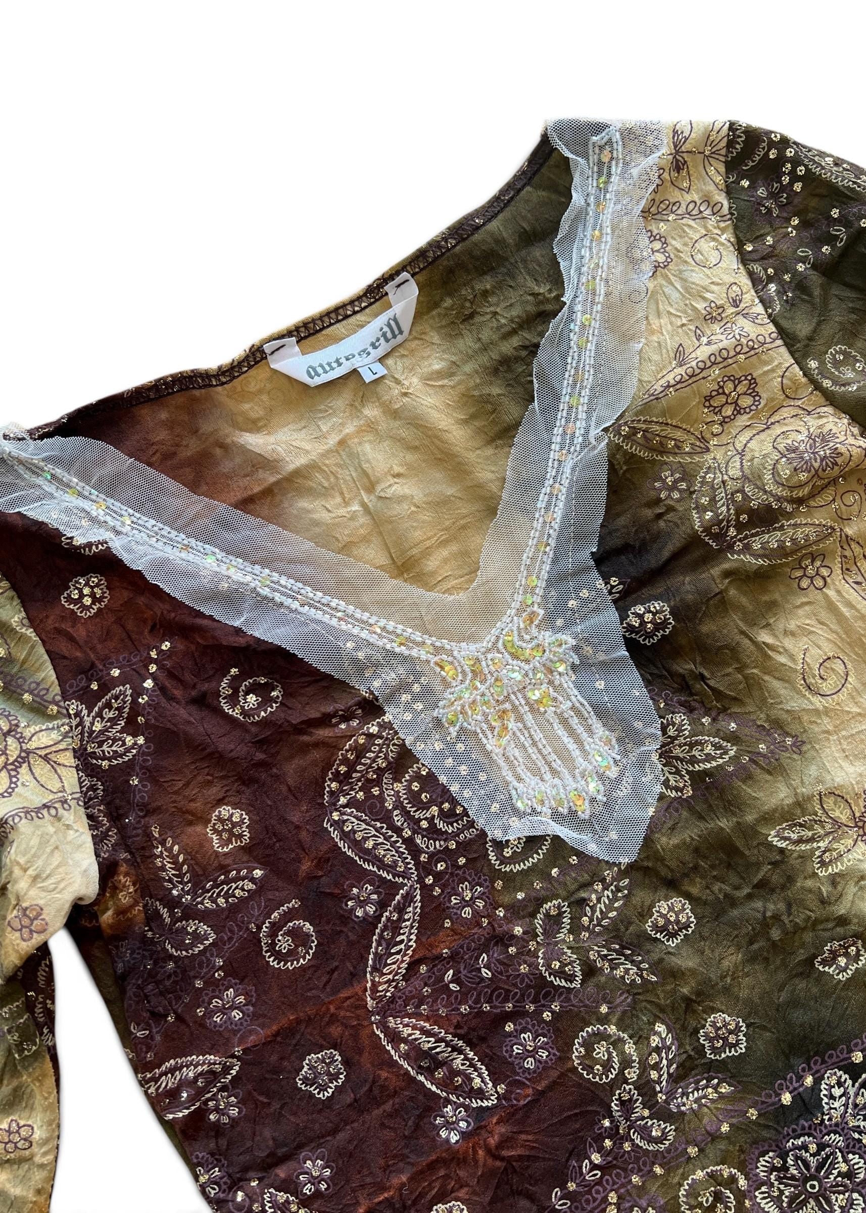 Blusa Vintage Y2K Boho Paisley con Paillettes