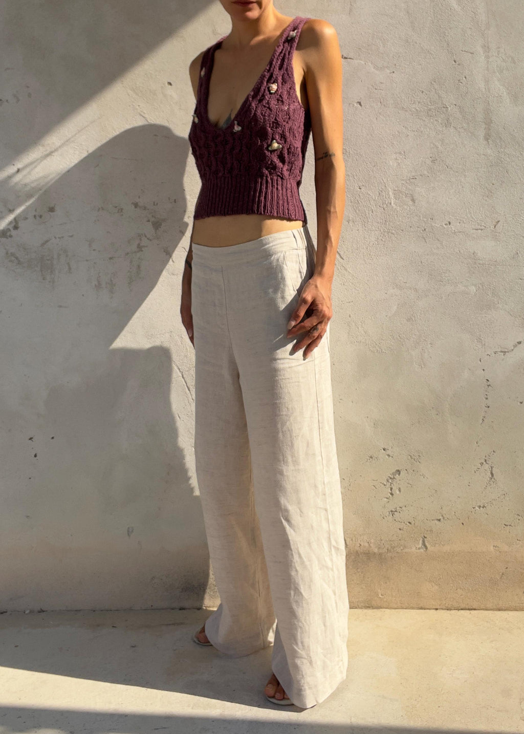 Top Vintage in Maglia Cotone Lino con Roselline