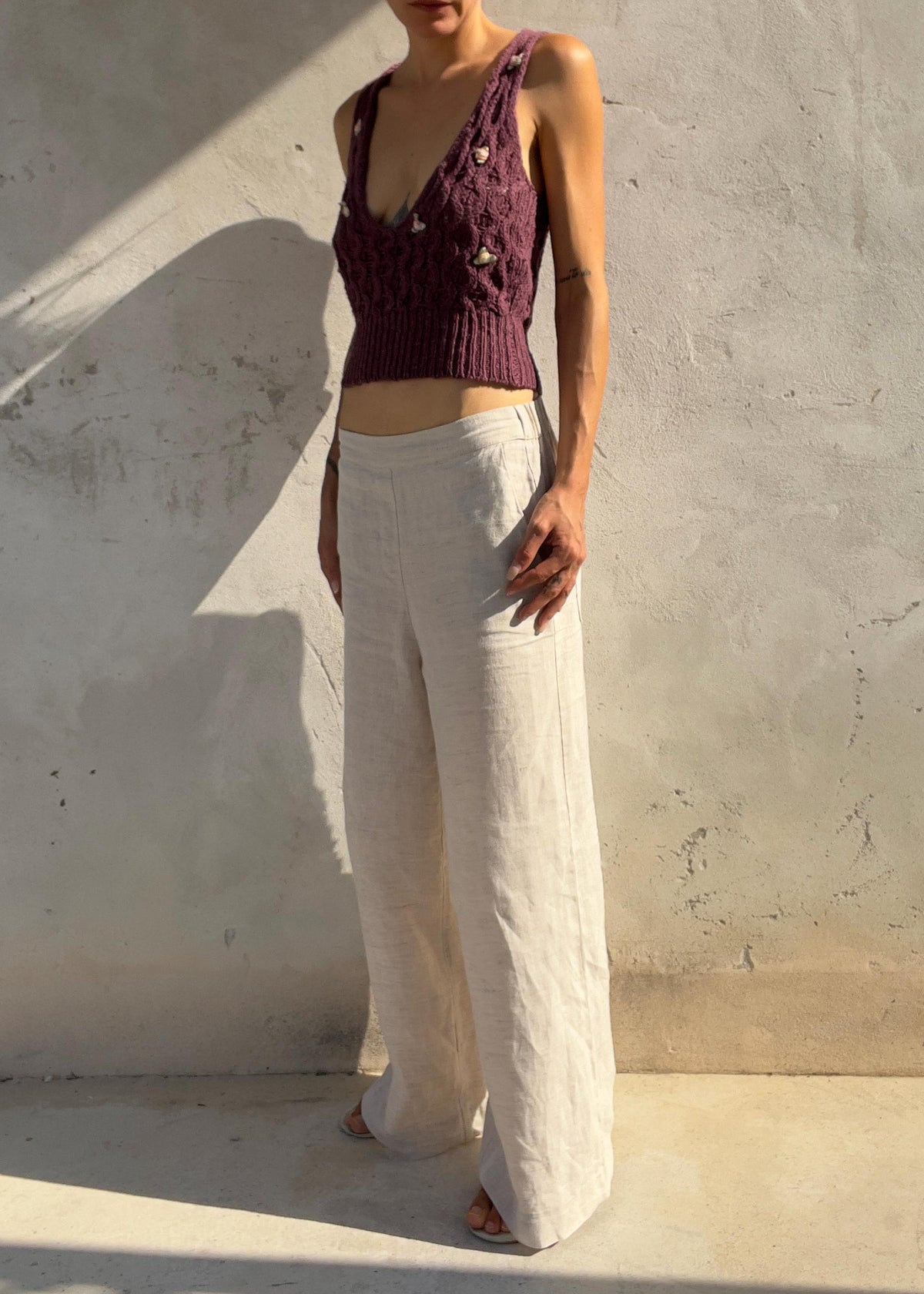 Top Vintage in Maglia Cotone Lino con Roselline