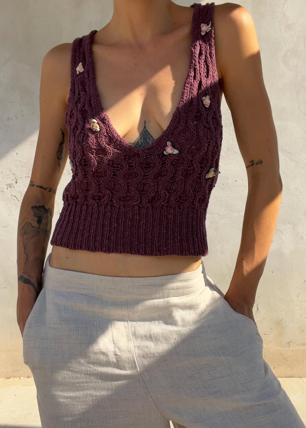 Top Vintage in Maglia Cotone Lino con Roselline