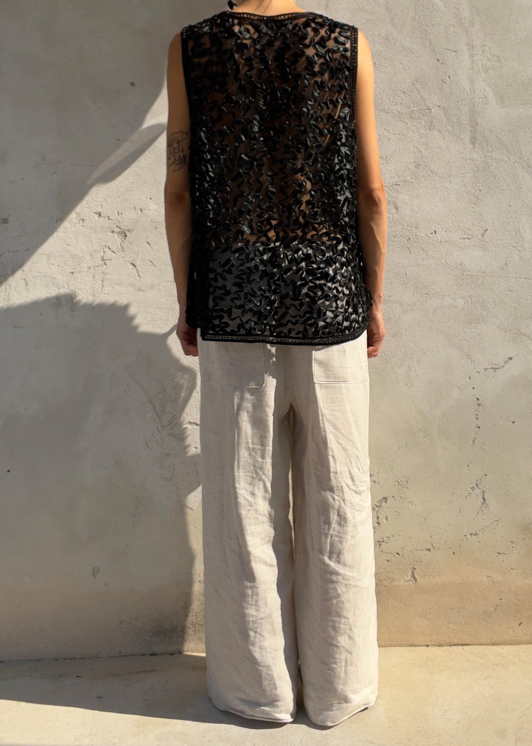 Gilet Vintage Nero in Tulle Trasparente Ricamato