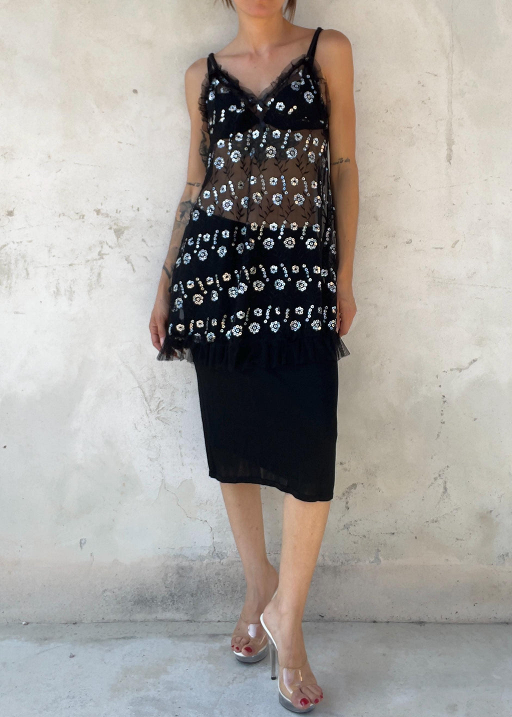 Babydoll Vintage Y2K in Tulle Nero con Paillettes