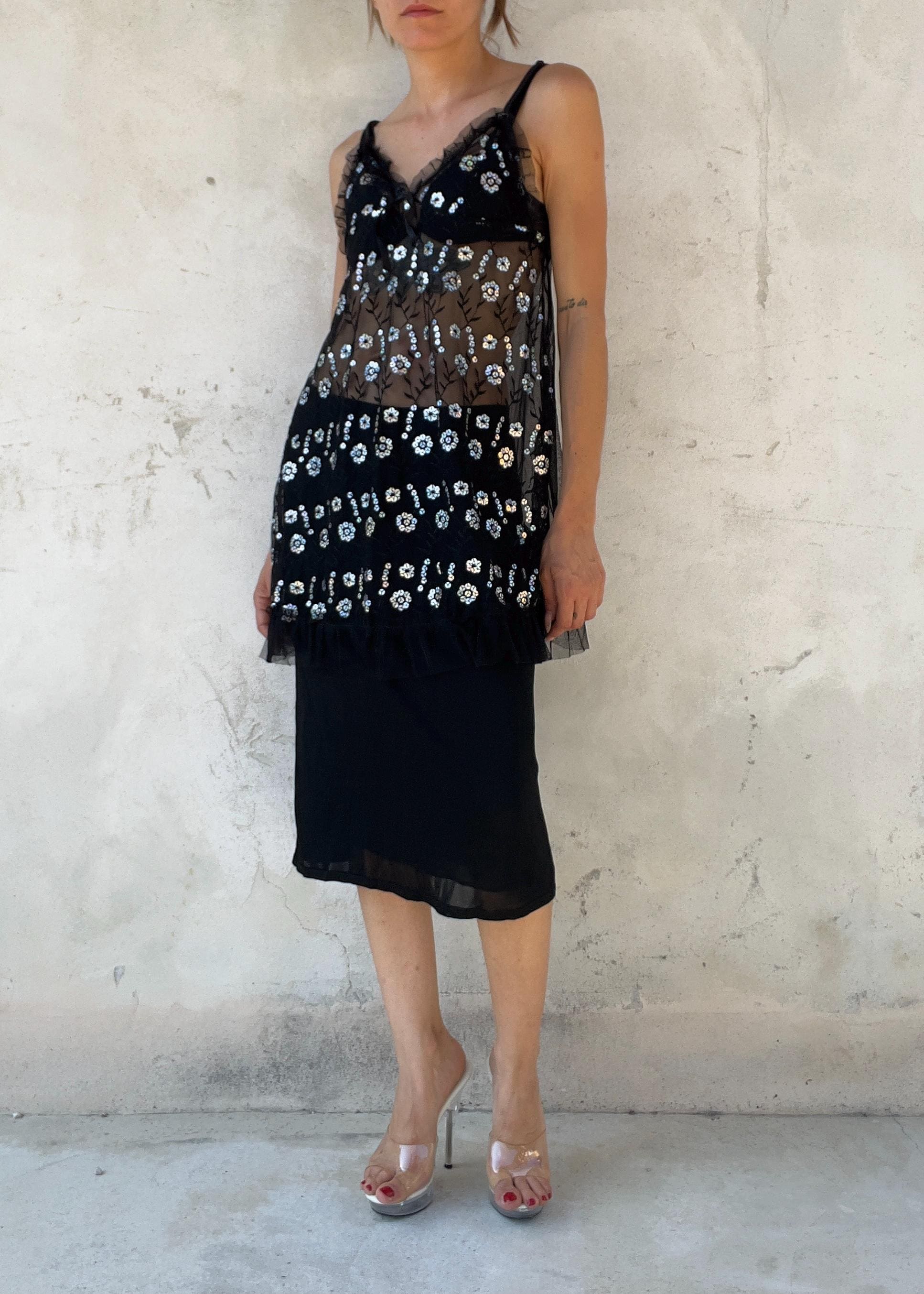 Babydoll Vintage Y2K in Tulle Nero con Paillettes
