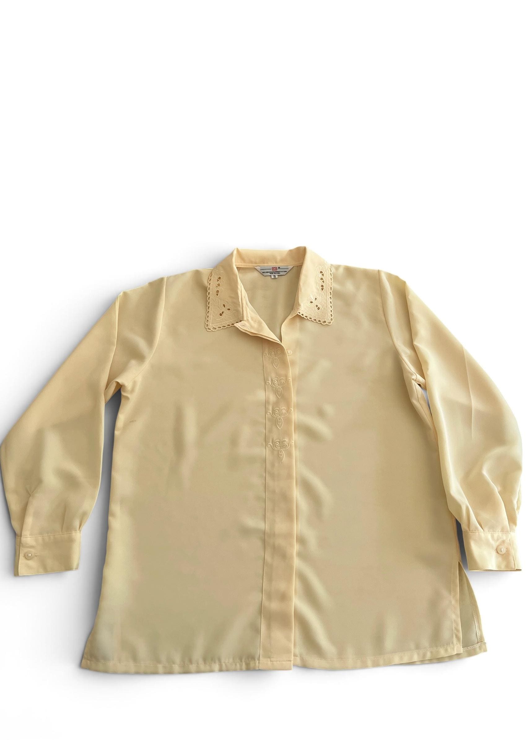 Camicia Vintage Y2K Giallo Burro con Colletto Ricamato