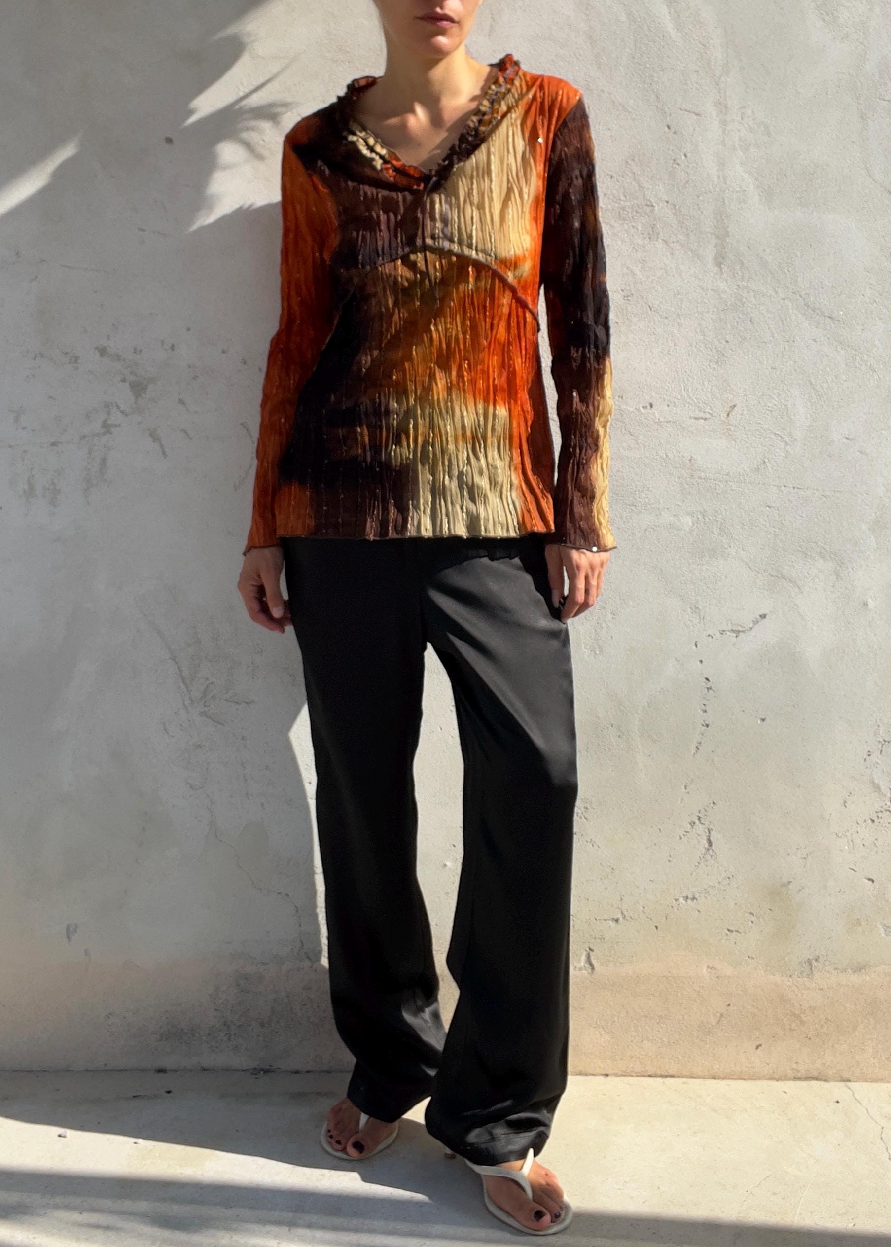 Top Vintage Y2K in Mesh Plissé con Paillettes