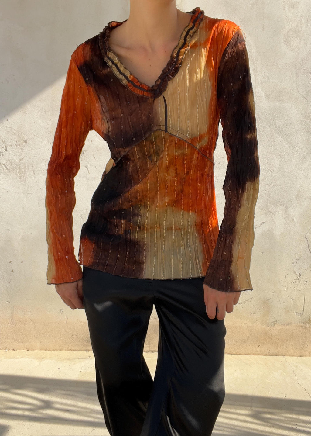 Top Vintage Y2K in Mesh Plissé con Paillettes