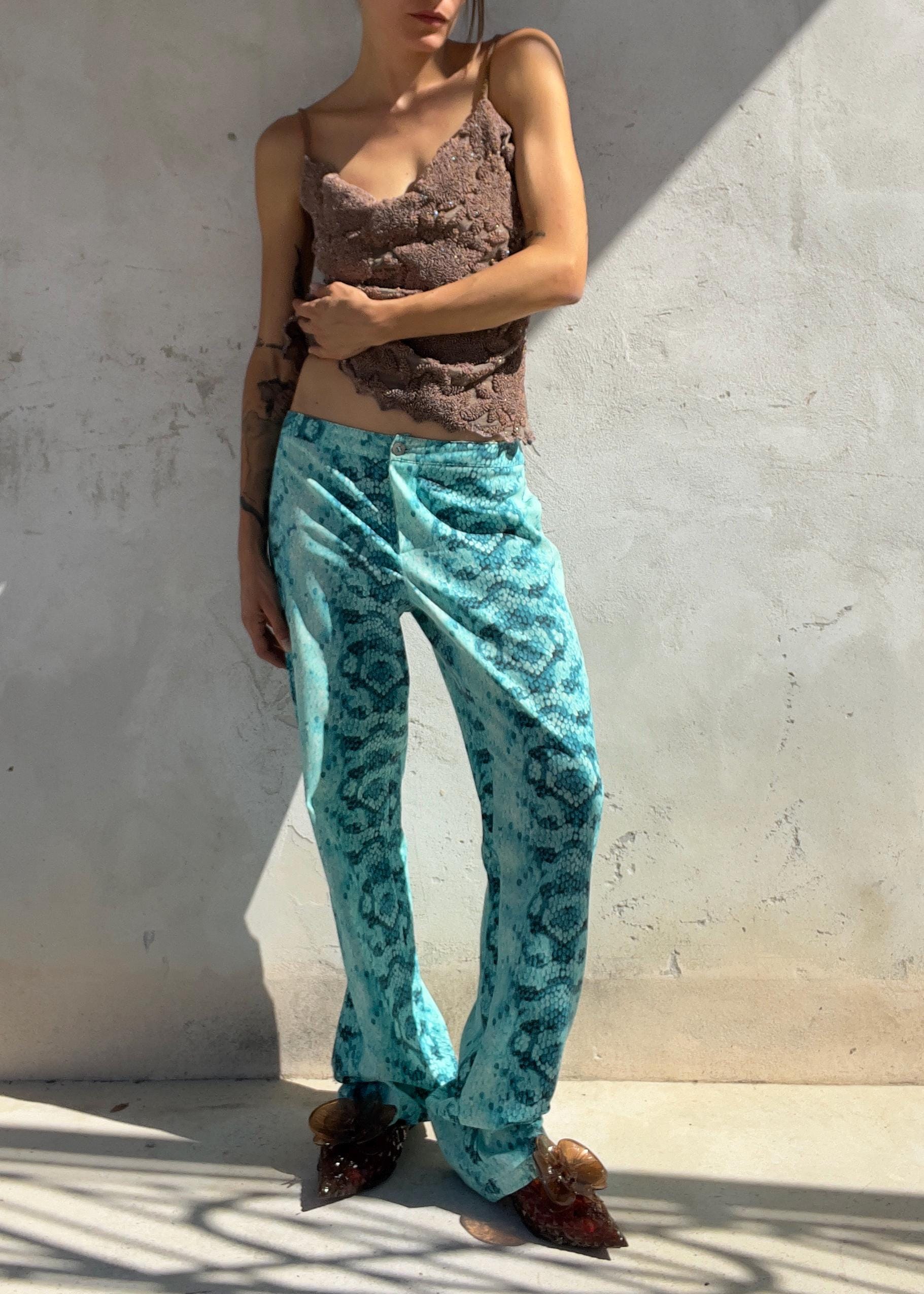 Pantaloni Vintage Y2K Stampa Pitone Turchese