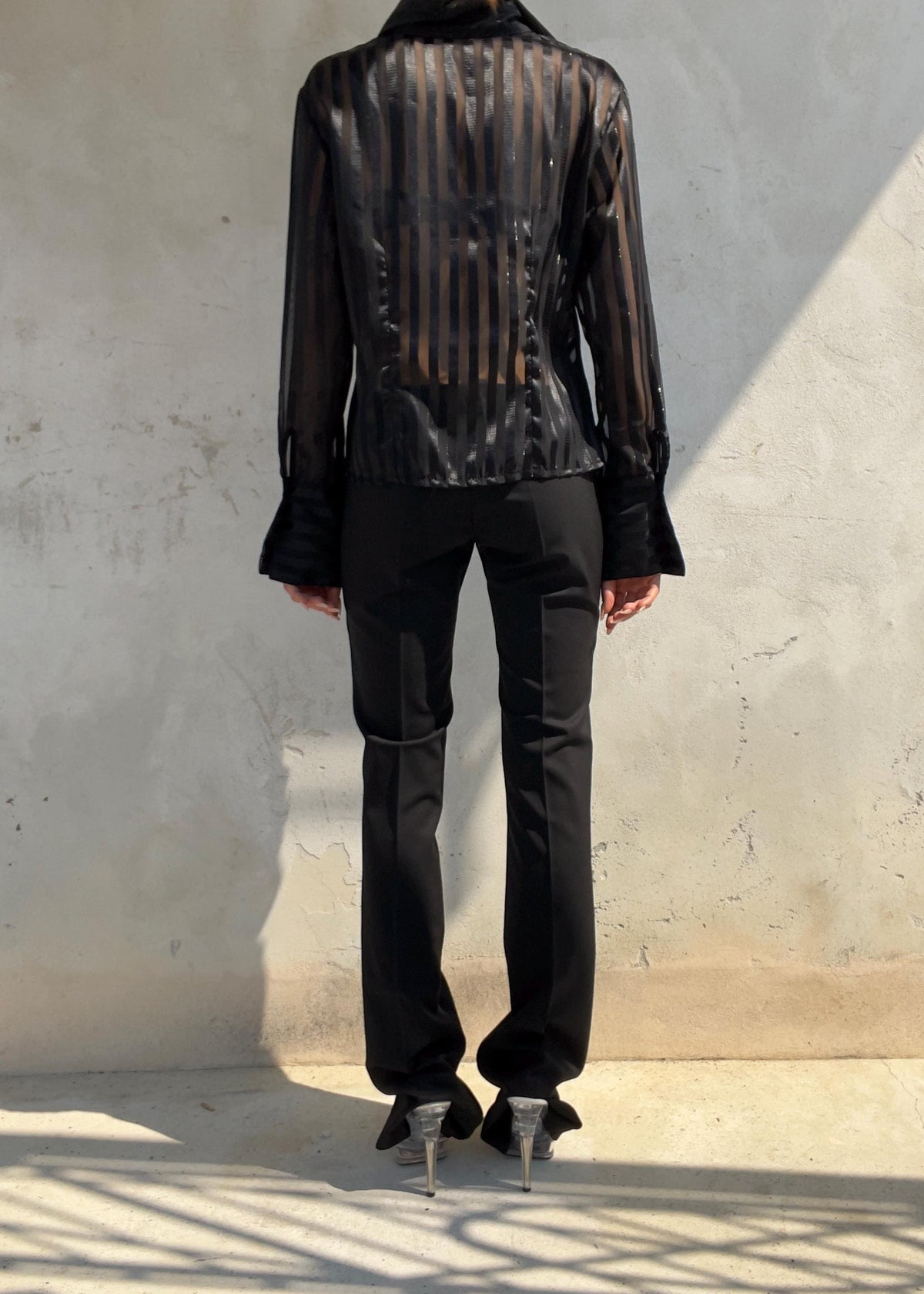Camicia Vintage Y2K Sheer Nera a Righe Satinate