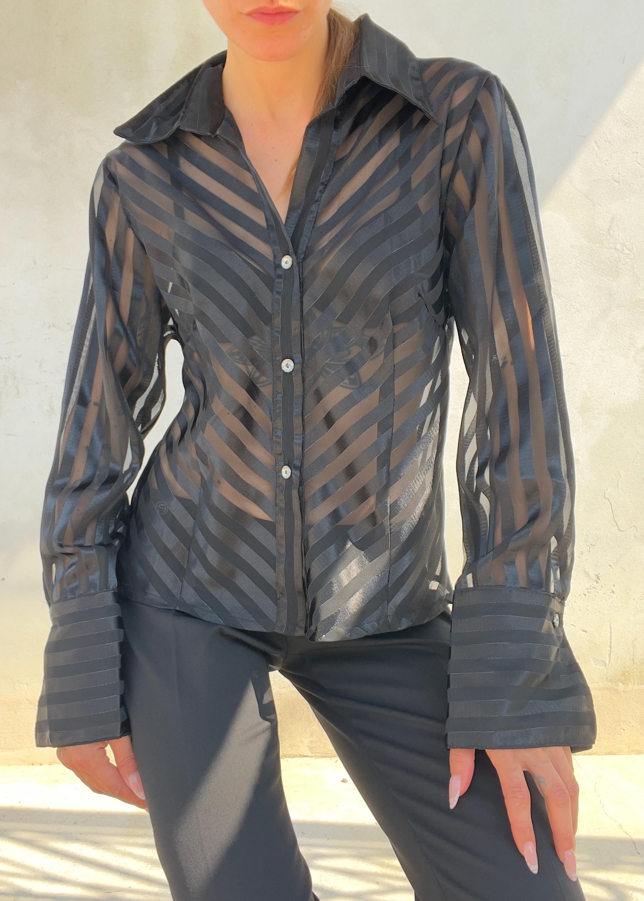 Camicia Vintage Y2K Sheer Nera a Righe Satinate
