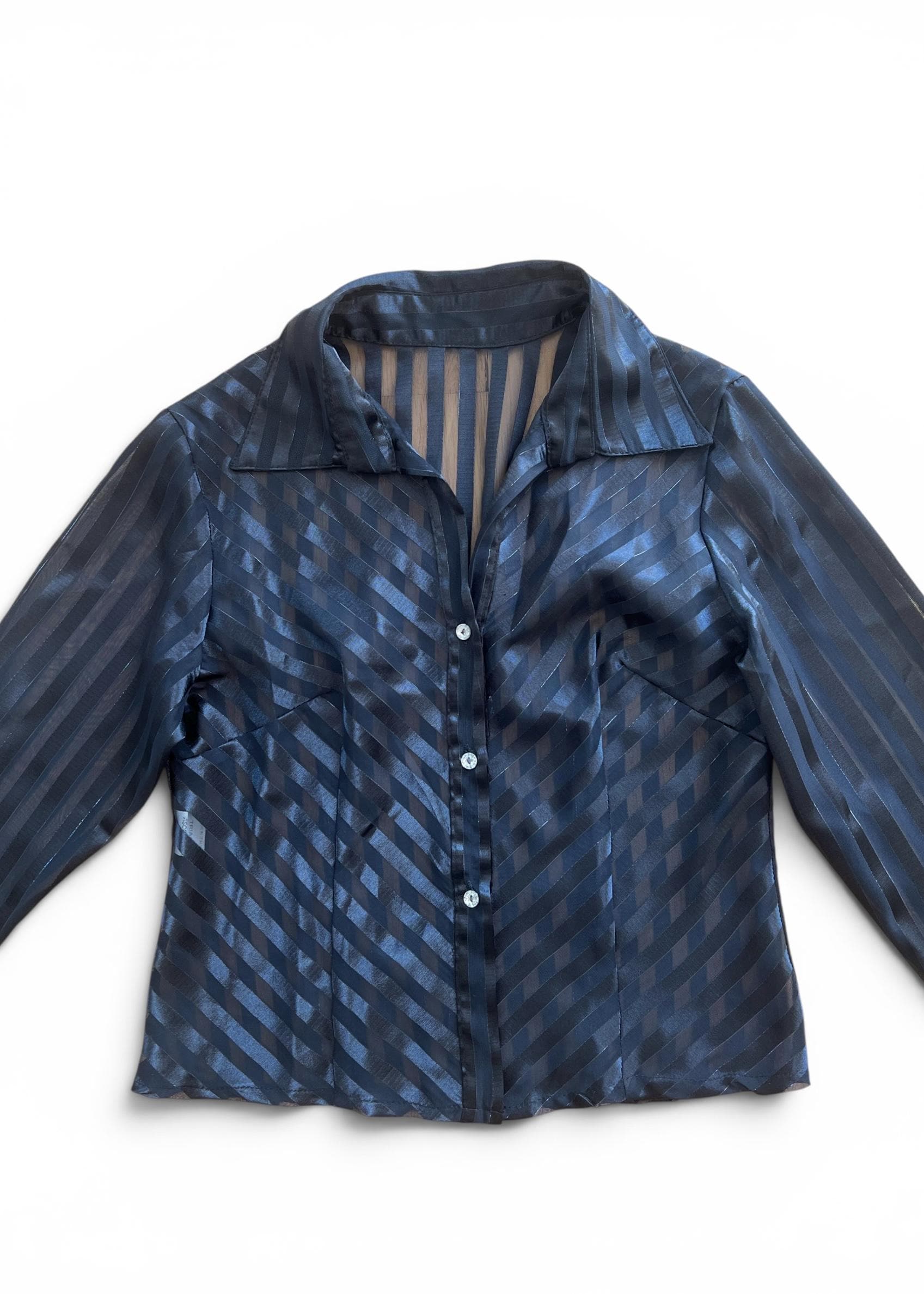 Camicia Vintage Y2K Sheer Nera a Righe Satinate