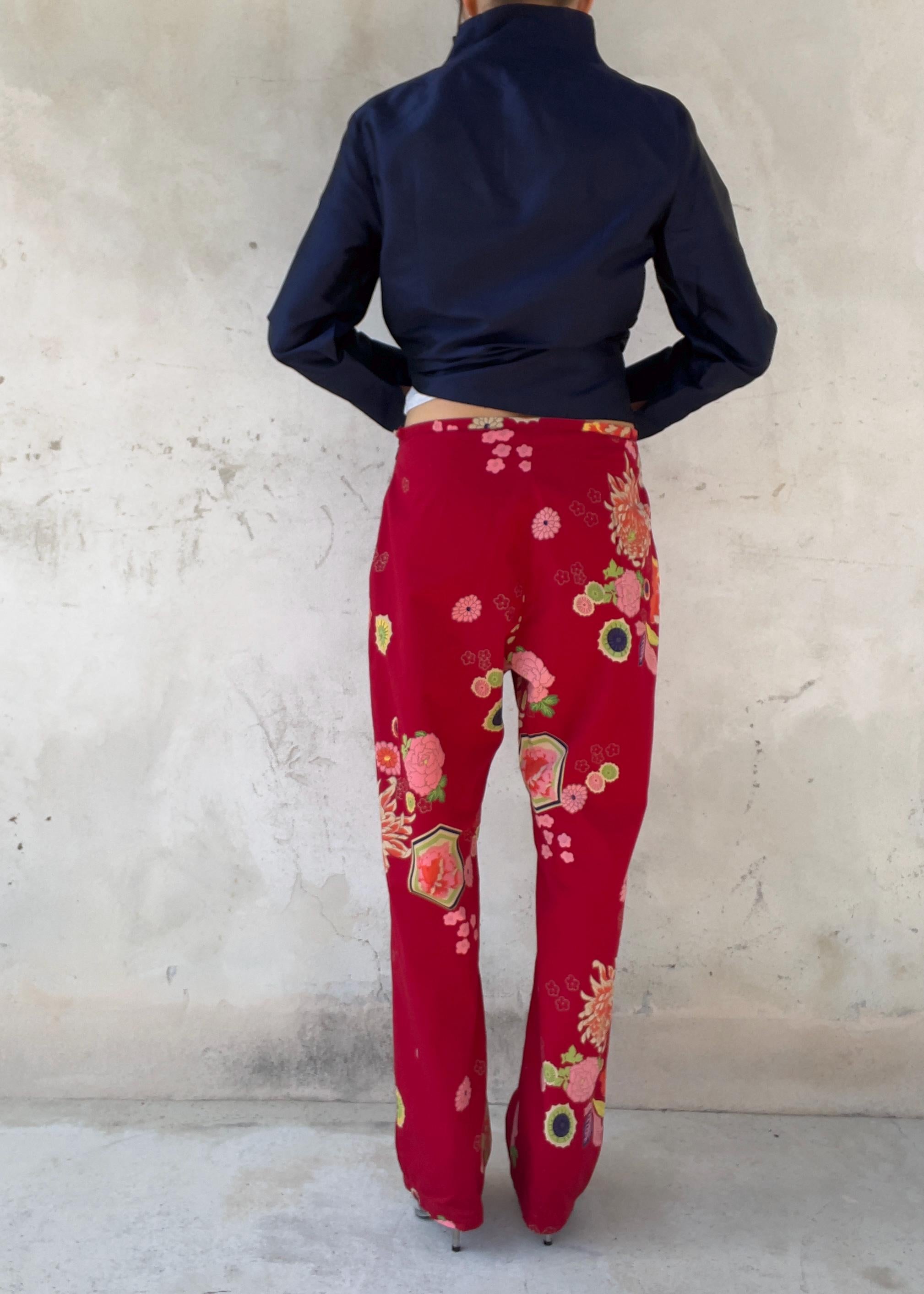 Pantaloni Vintage Y2K Rossi a Fiori Giapponesi