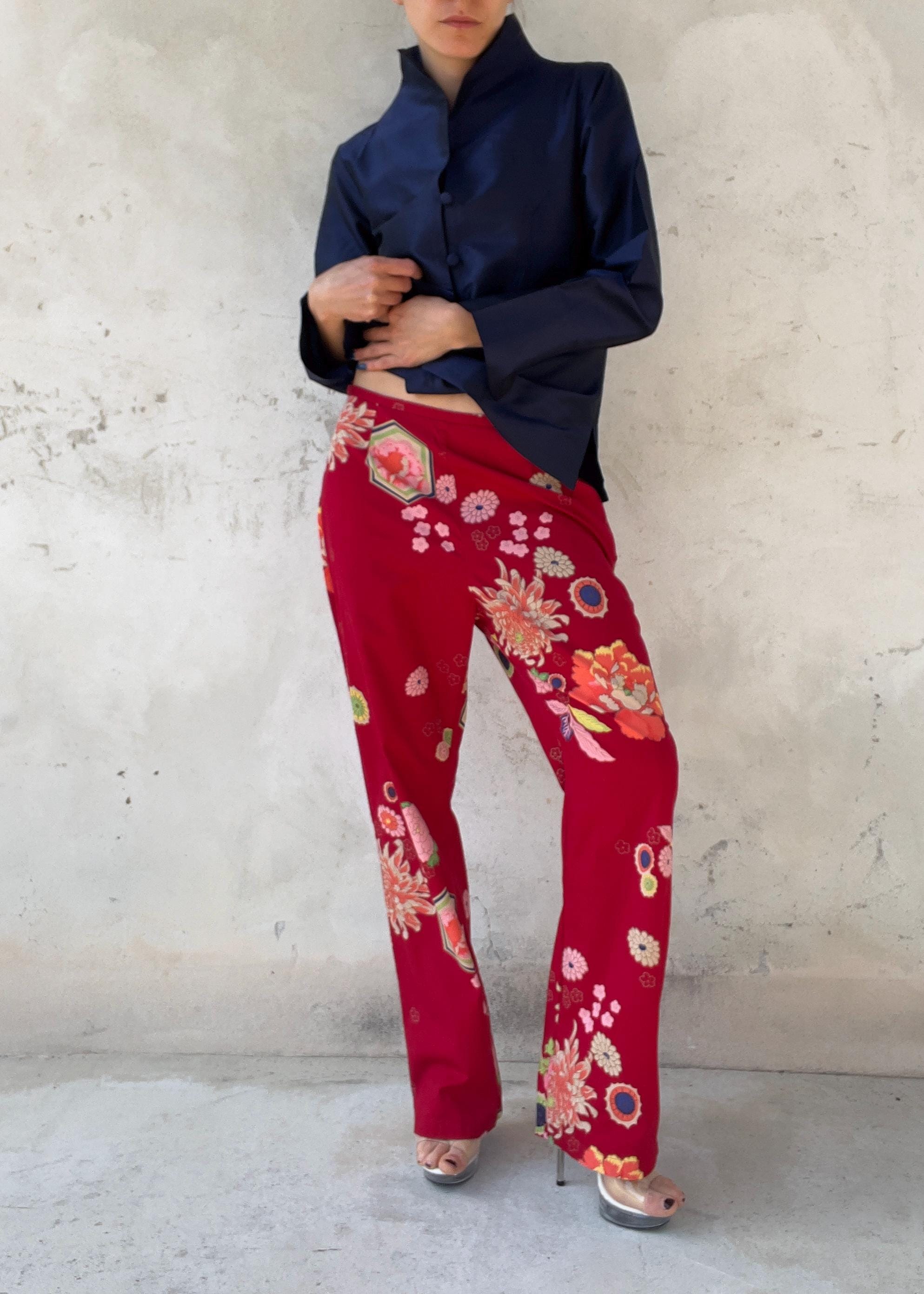 Pantaloni Vintage Y2K Rossi a Fiori Giapponesi