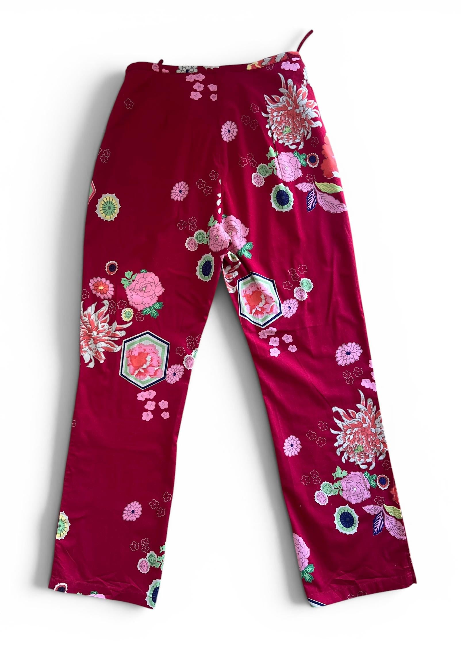 Pantaloni Vintage Y2K Rossi a Fiori Giapponesi