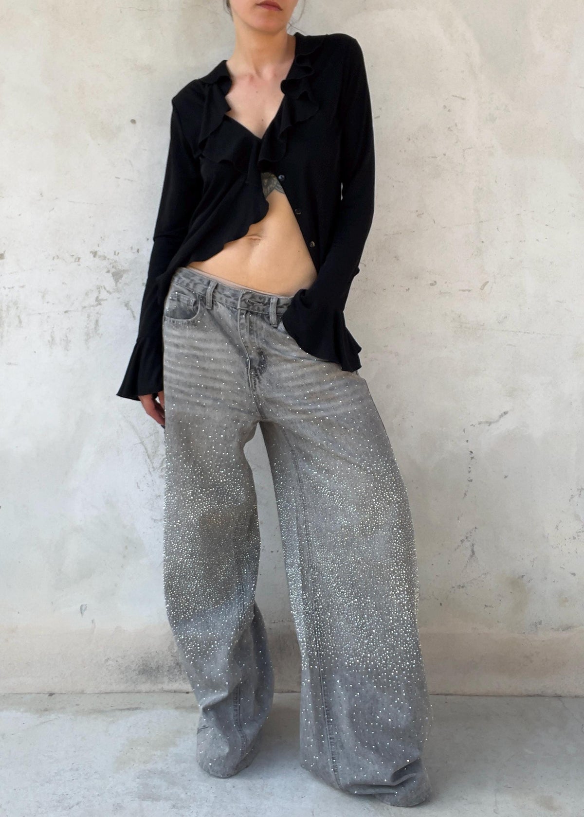Jeans Crystal Y2K Grigi con Strass