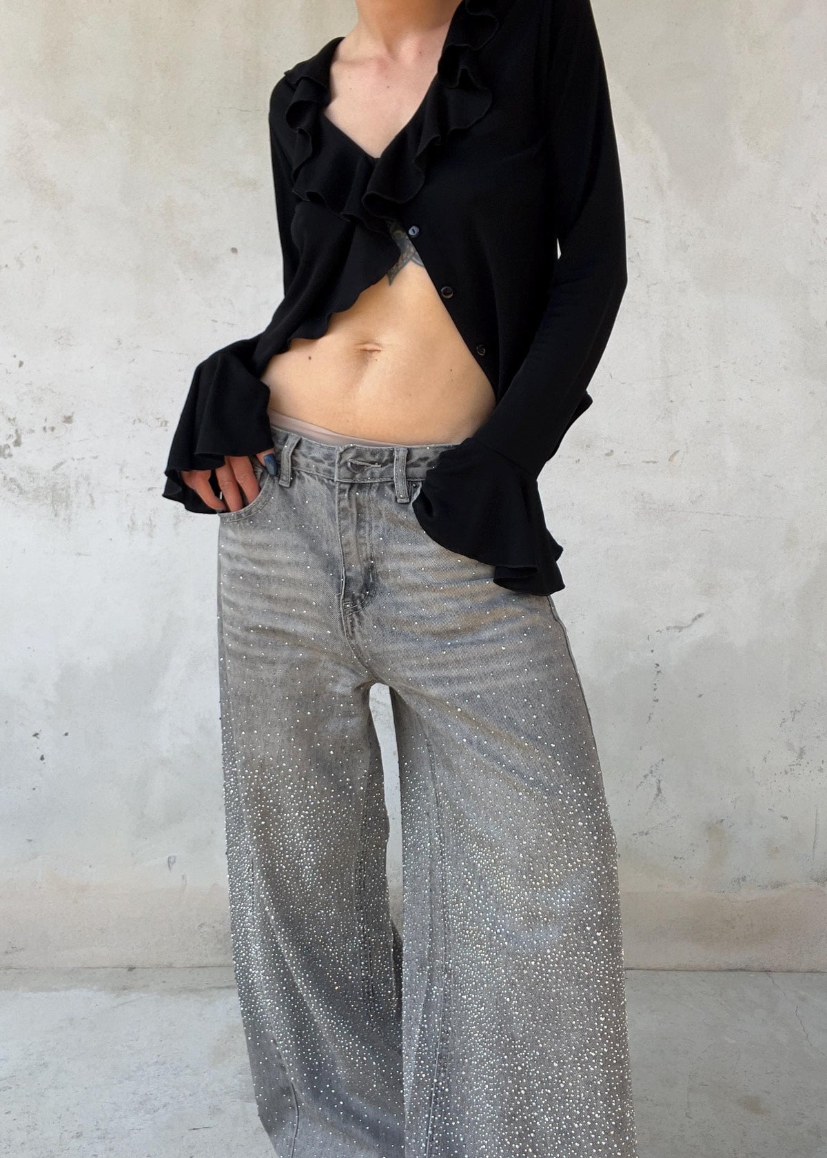 Jeans Crystal Y2K Grigi con Strass