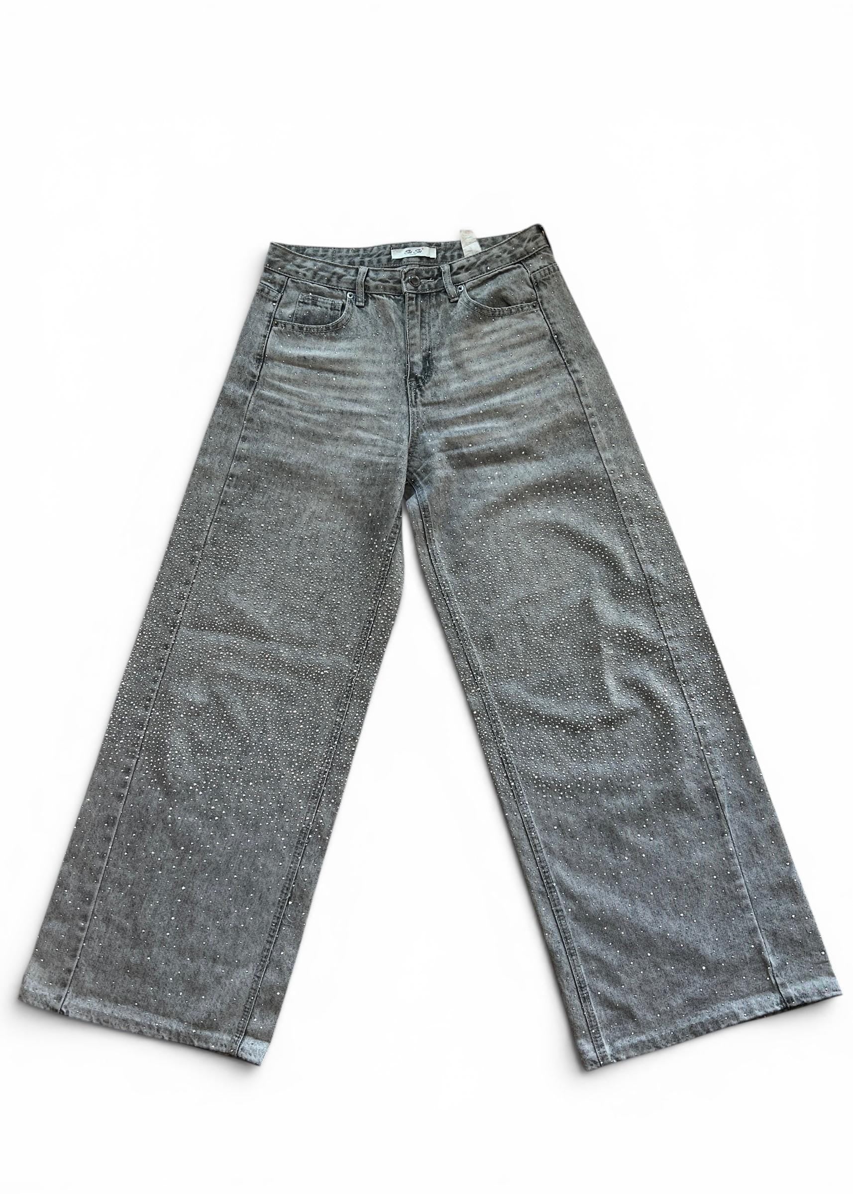 Jeans Crystal Y2K Grigi con Strass