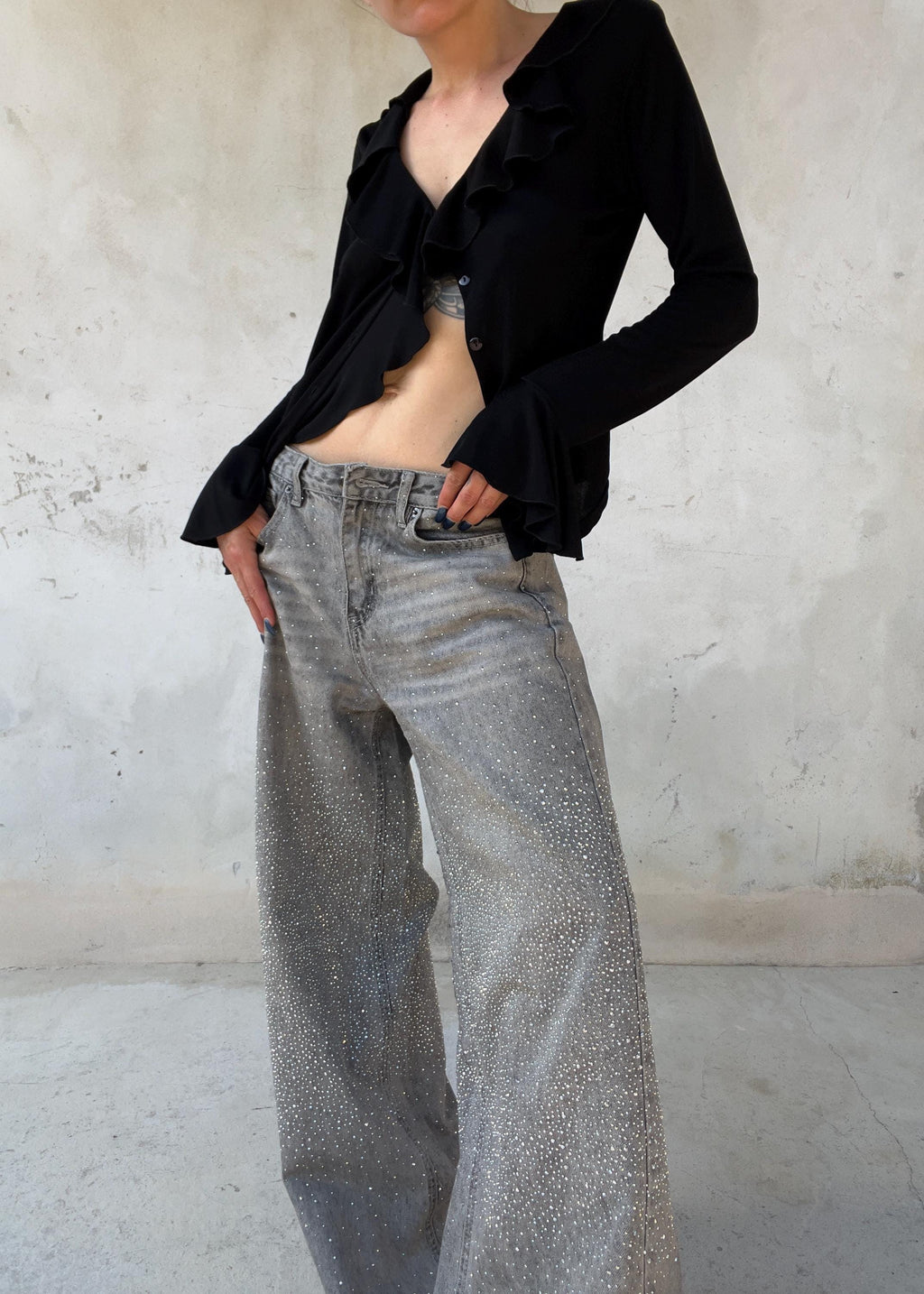 Jeans Crystal Y2K Grigi con Strass