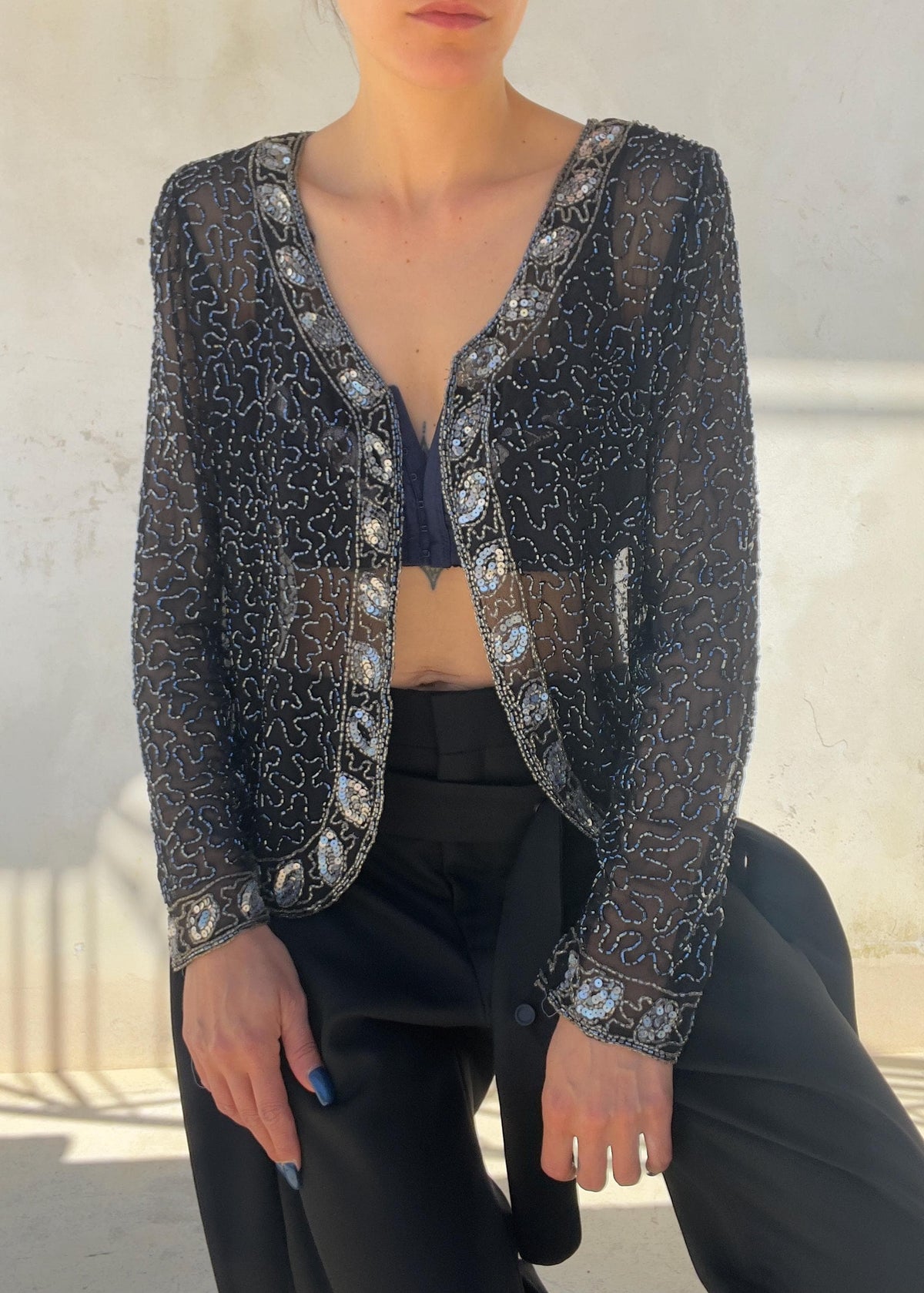 Giacca Vintage in Seta Ricamata con Perline e Paillettes