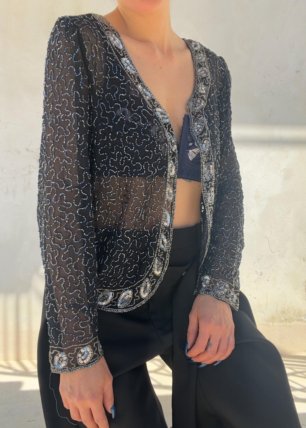 Giacca Vintage in Seta Ricamata con Perline e Paillettes
