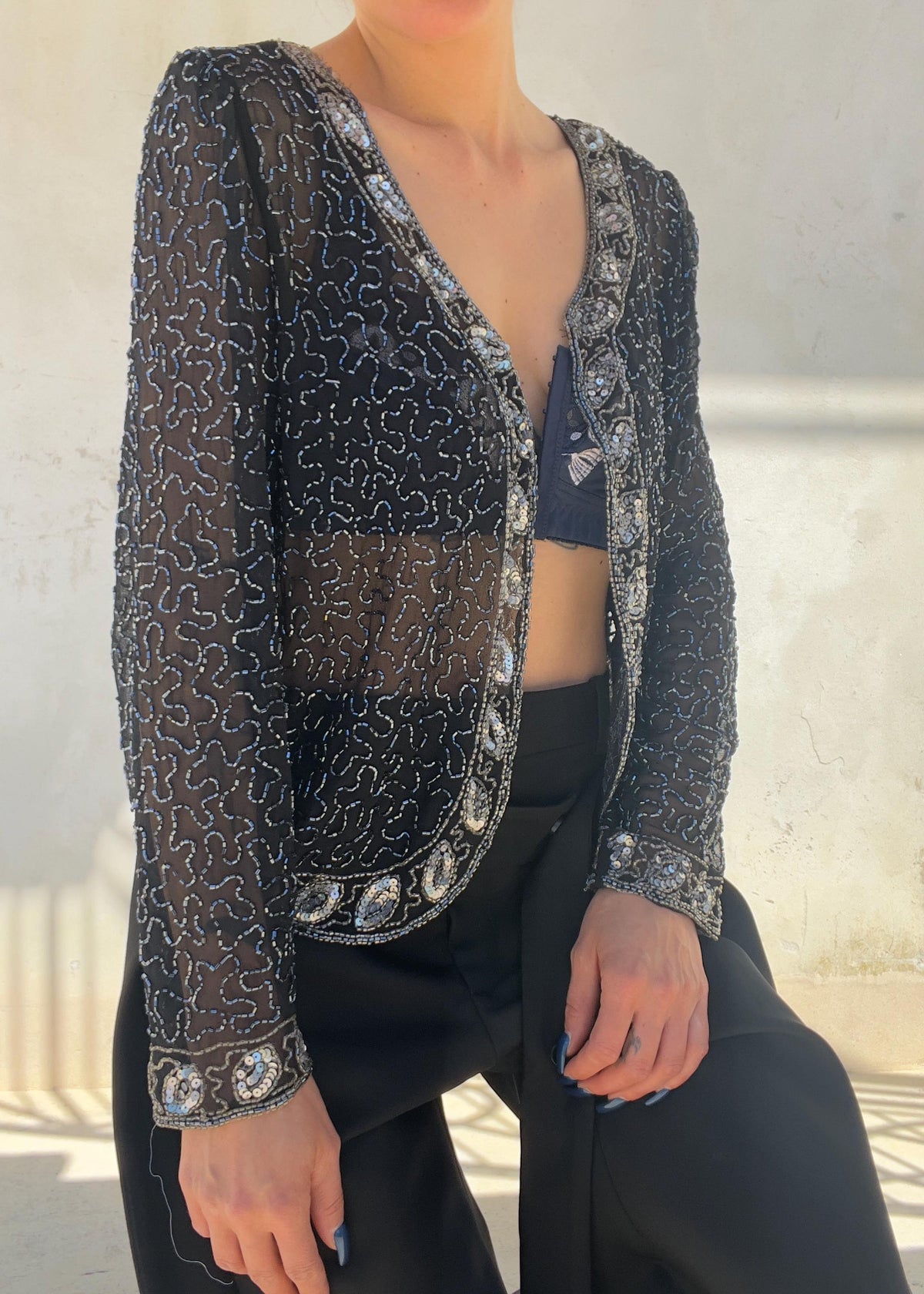 Giacca Vintage in Seta Ricamata con Perline e Paillettes