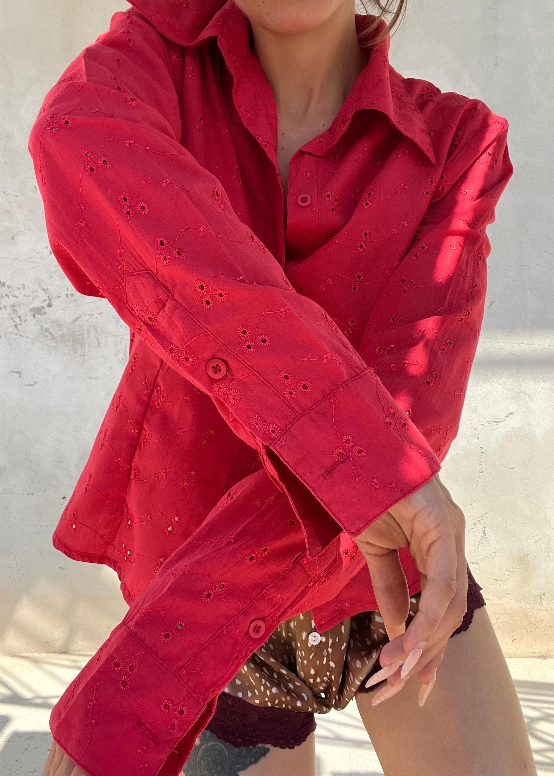 Camicia Vintage Y2K Rosa Lampone in Sangallo