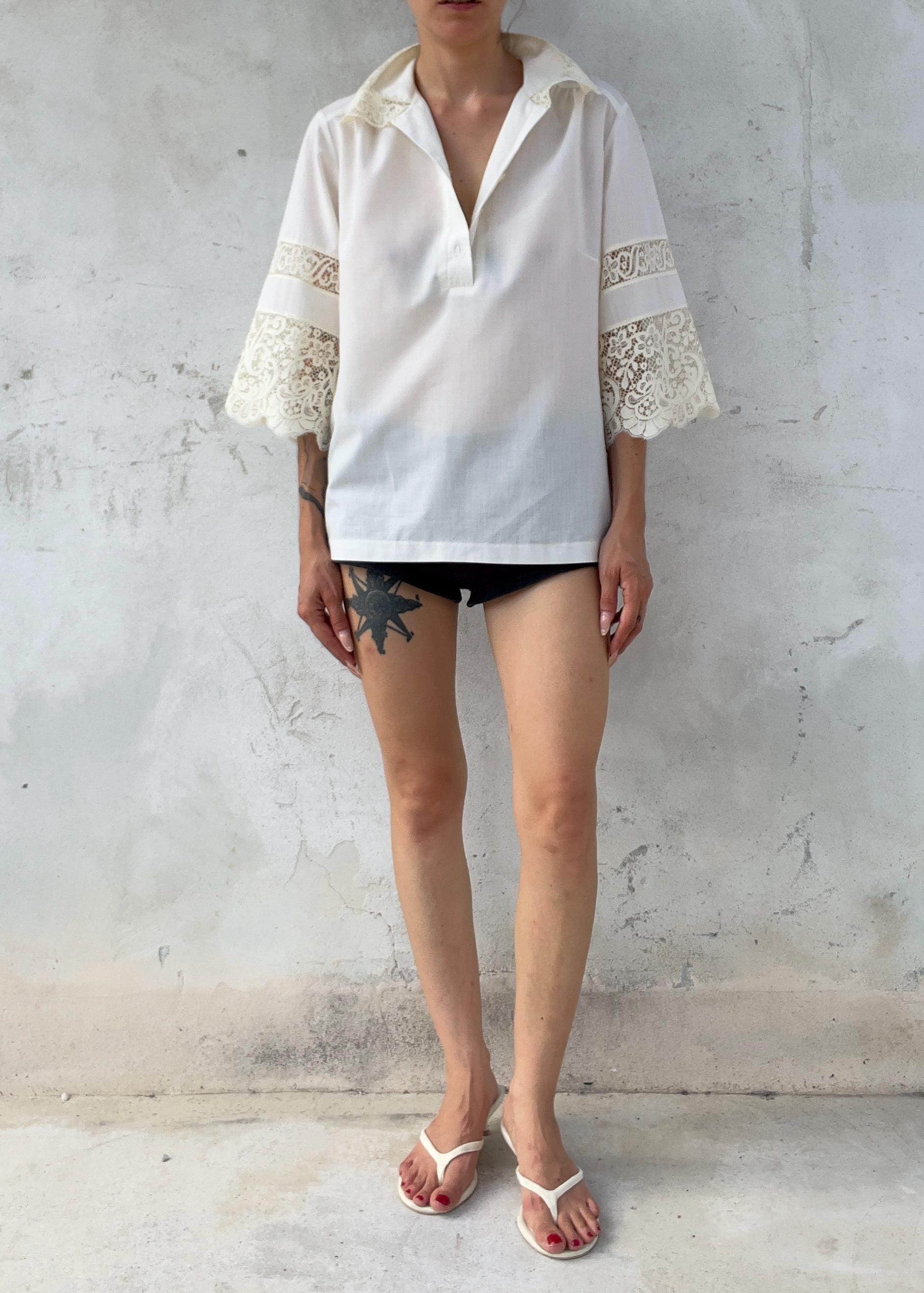 Camicia Vintage Bianca in Pizzo Macramè