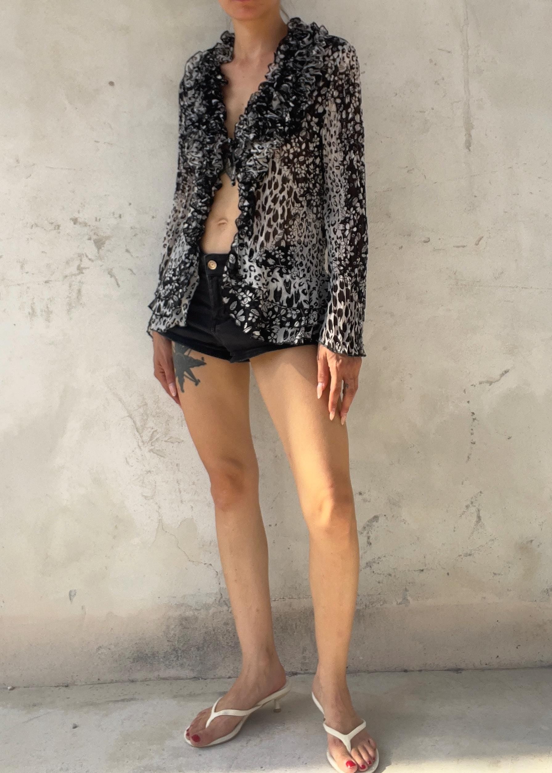 Camicia Vintage Y2K Animalier e Floreale con Ruches