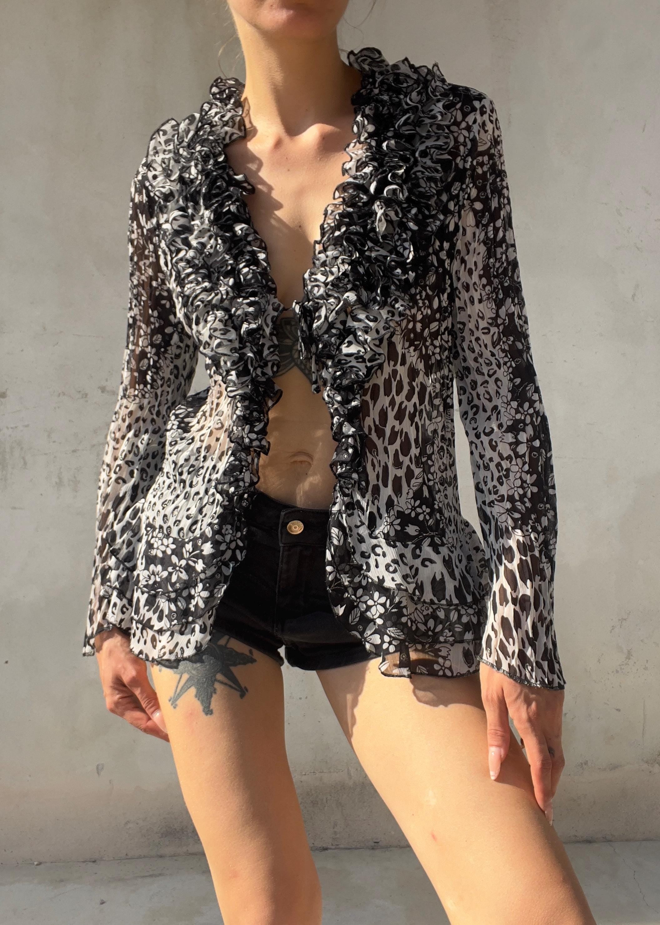Camicia Vintage Y2K Animalier e Floreale con Ruches