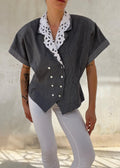Camicia Vintage Sartoriale Grigia Gessata con Colletto Sangallo Removibile