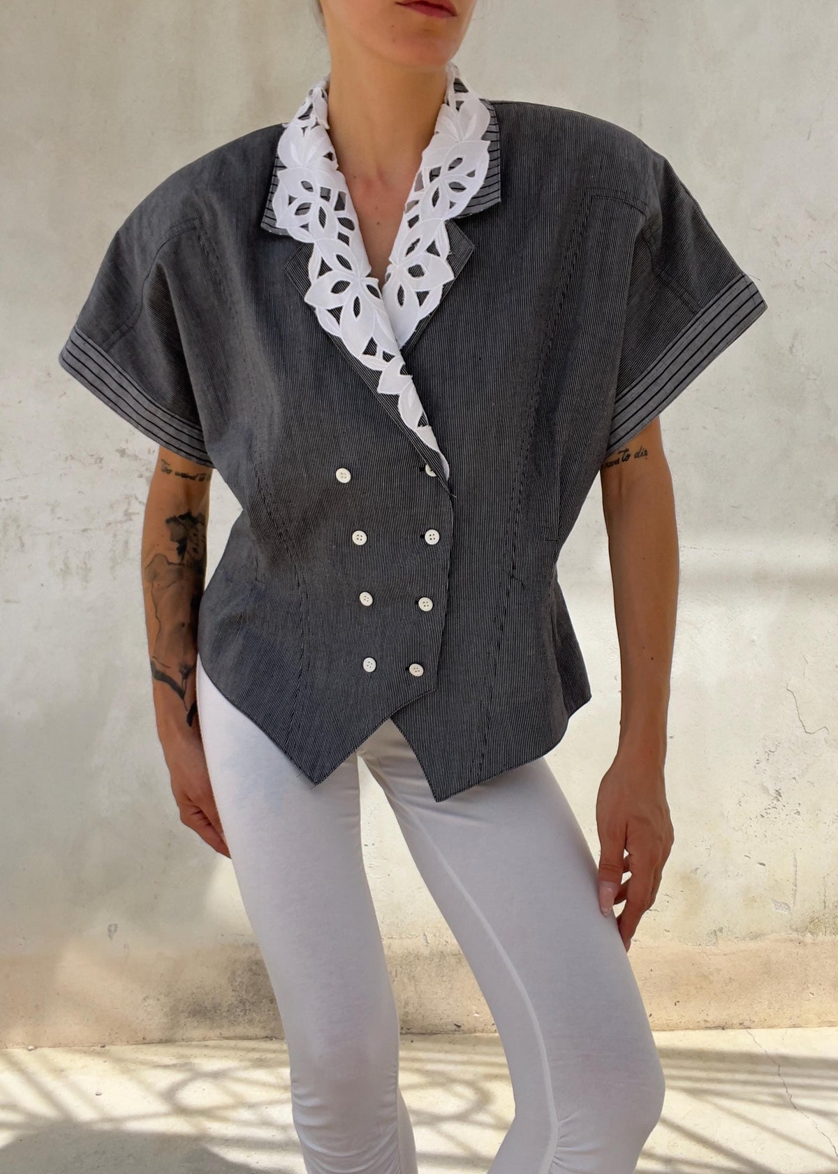 Camicia Vintage Sartoriale Grigia Gessata con Colletto Sangallo Removibile