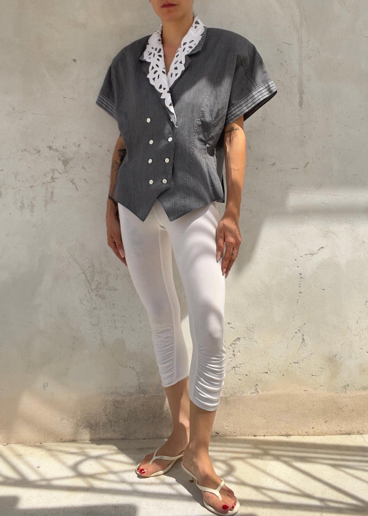 Camicia Vintage Sartoriale Grigia Gessata con Colletto Sangallo Removibile