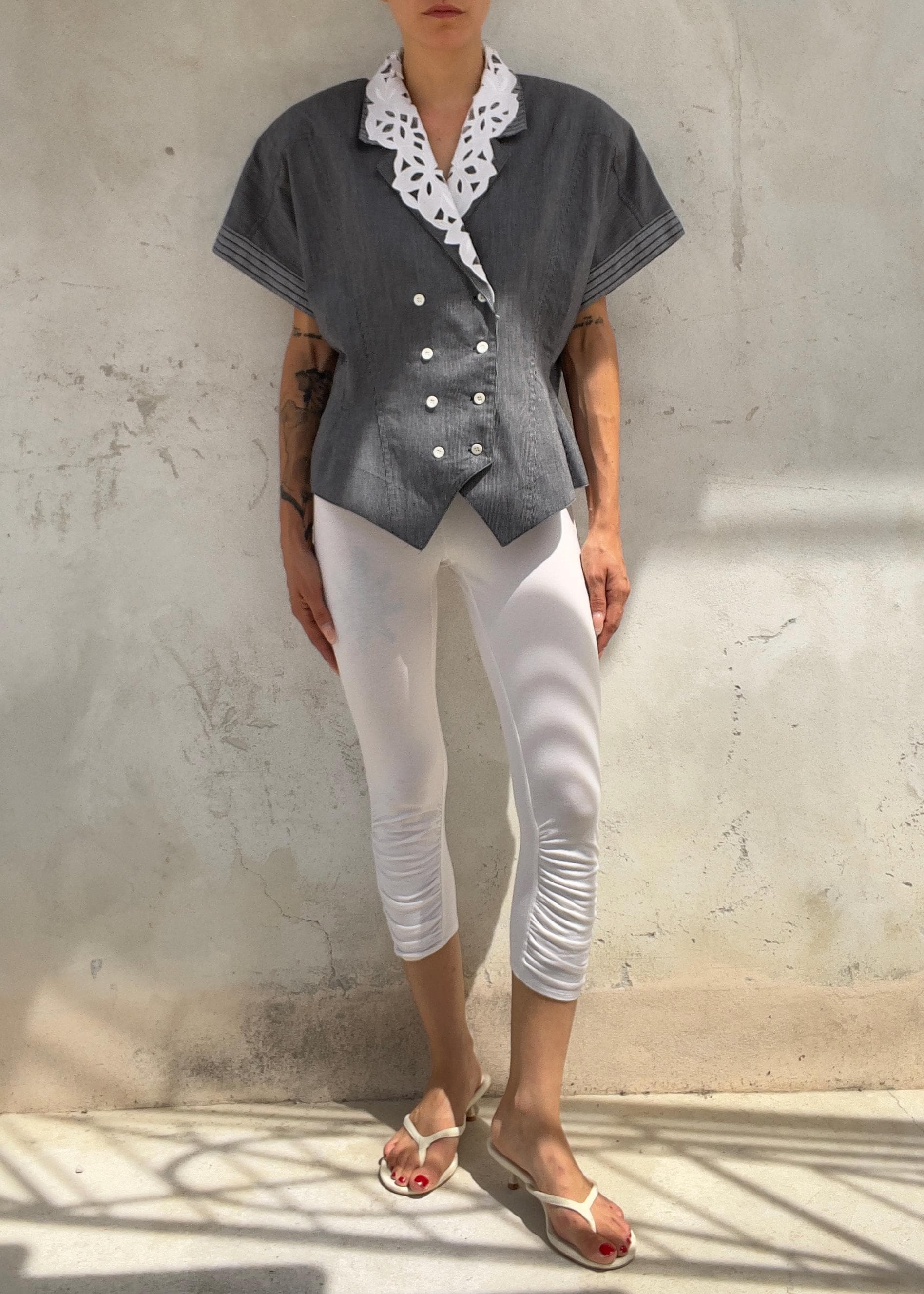 Camicia Vintage Sartoriale Grigia Gessata con Colletto Sangallo Removibile