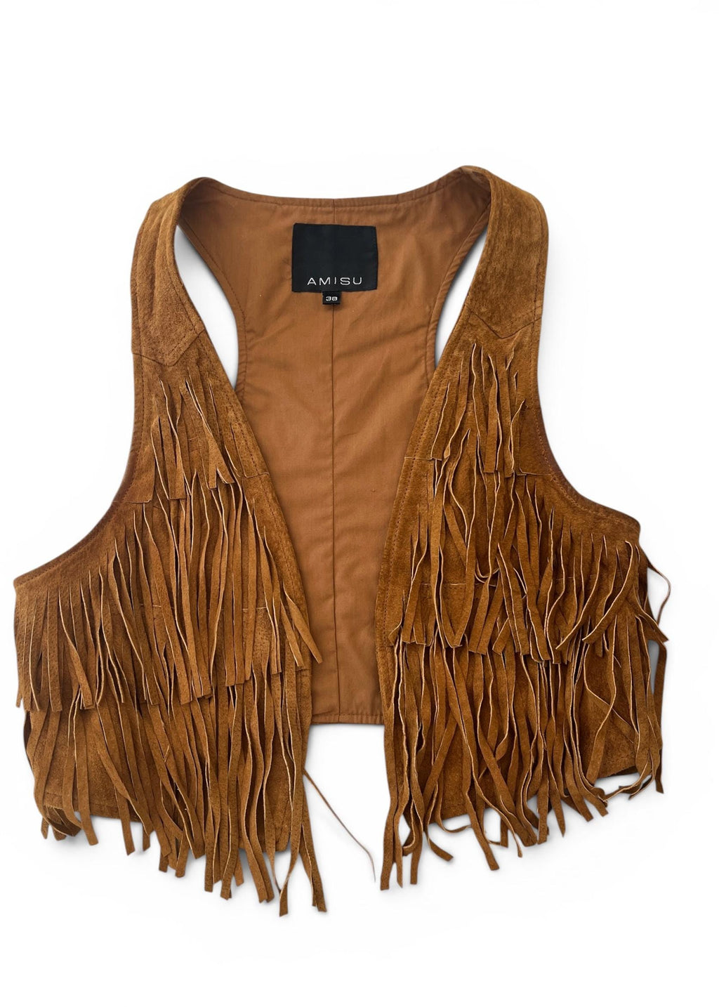 Gilet Vintage Y2K in Pelle Scamosciata Marrone con Frange