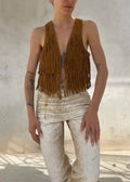 Gilet Vintage Y2K in Pelle Scamosciata Marrone con Frange