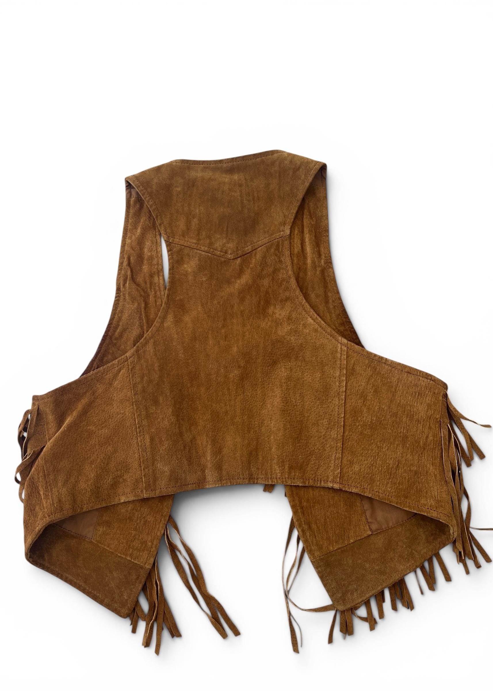 Gilet Vintage Y2K in Pelle Scamosciata Marrone con Frange