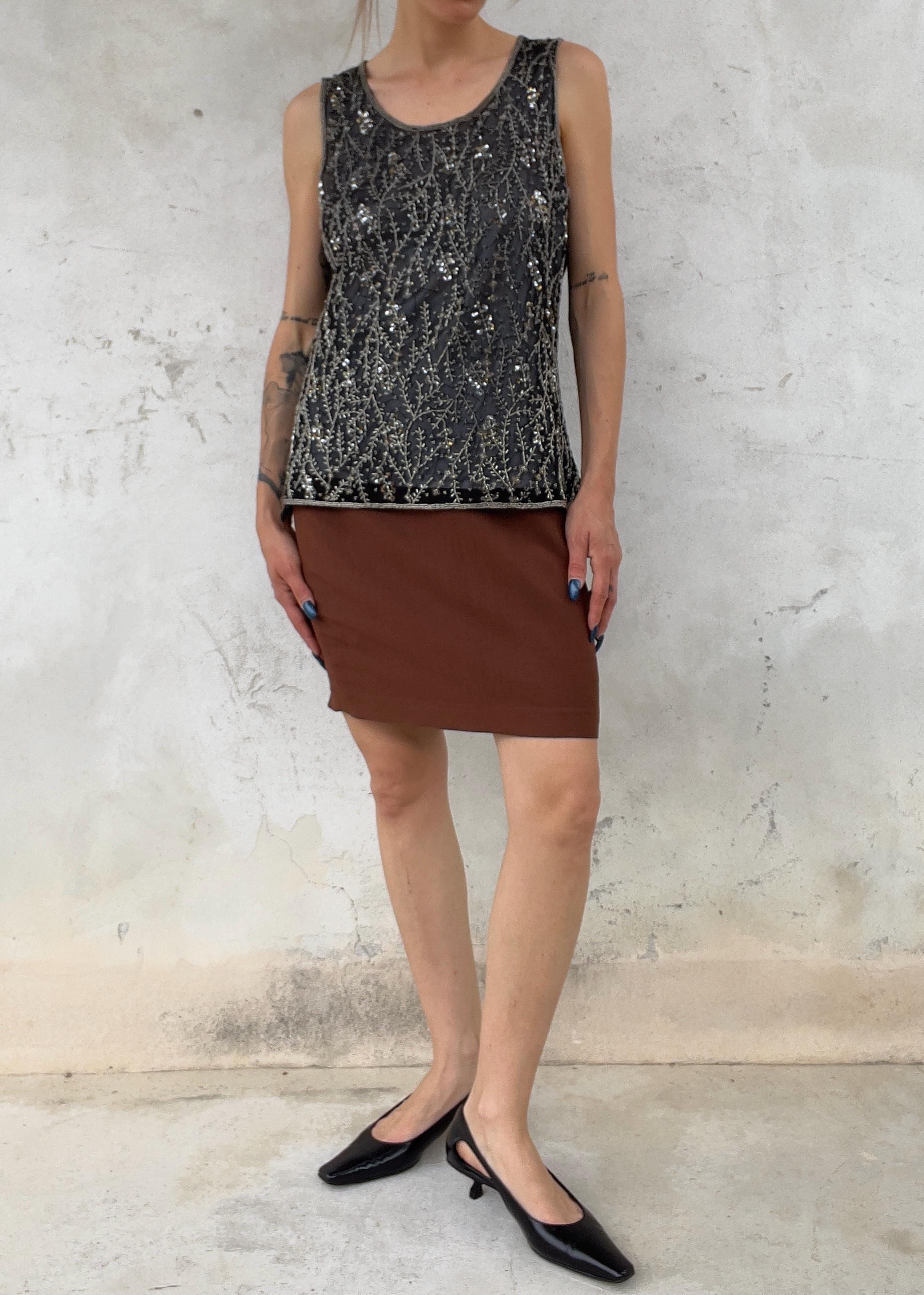 Gonna Vintage Anni 90 Marrone in Misto Lino