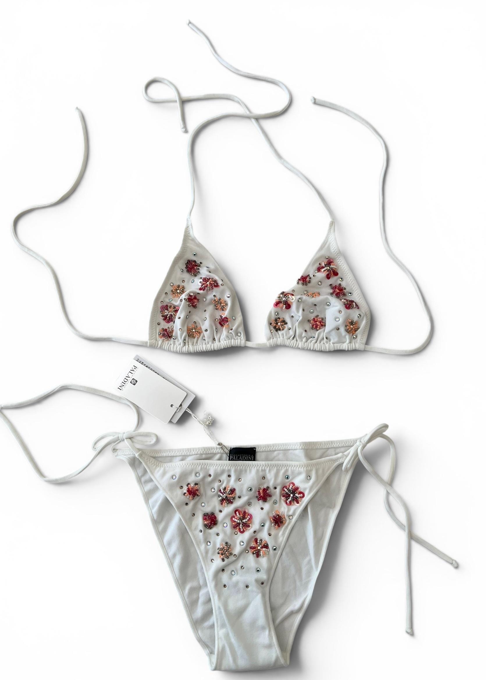 Paladini Bikini Vintage Y2K Bianco Ricamato con Perline e Paillettes