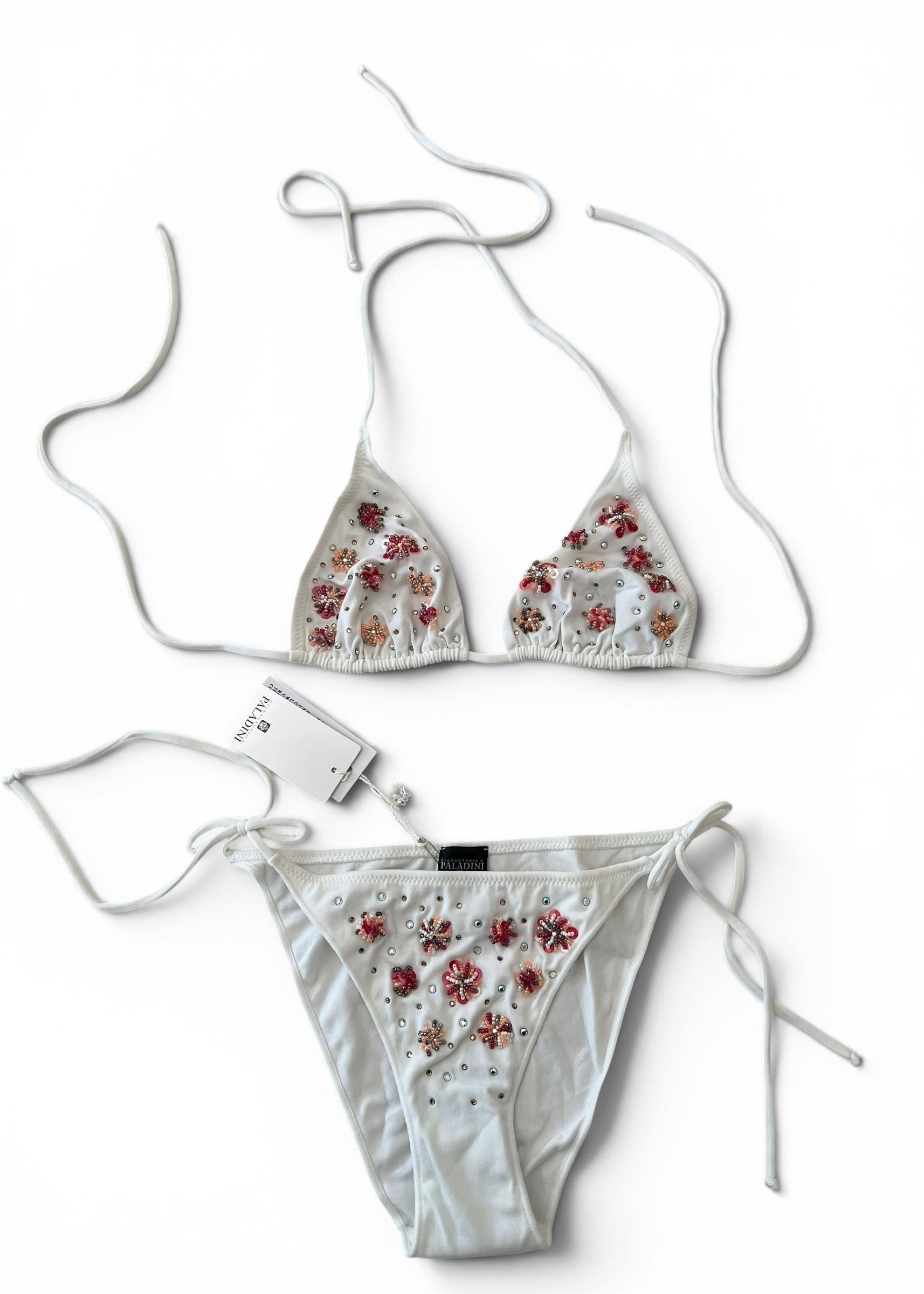 Paladini Bikini Vintage Y2K Bianco Ricamato con Perline e Paillettes