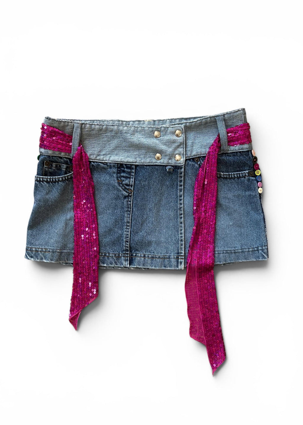 Minigonna Denim Vintage Y2K Vita Bassa con Fusciacca Paillettes Fucsia