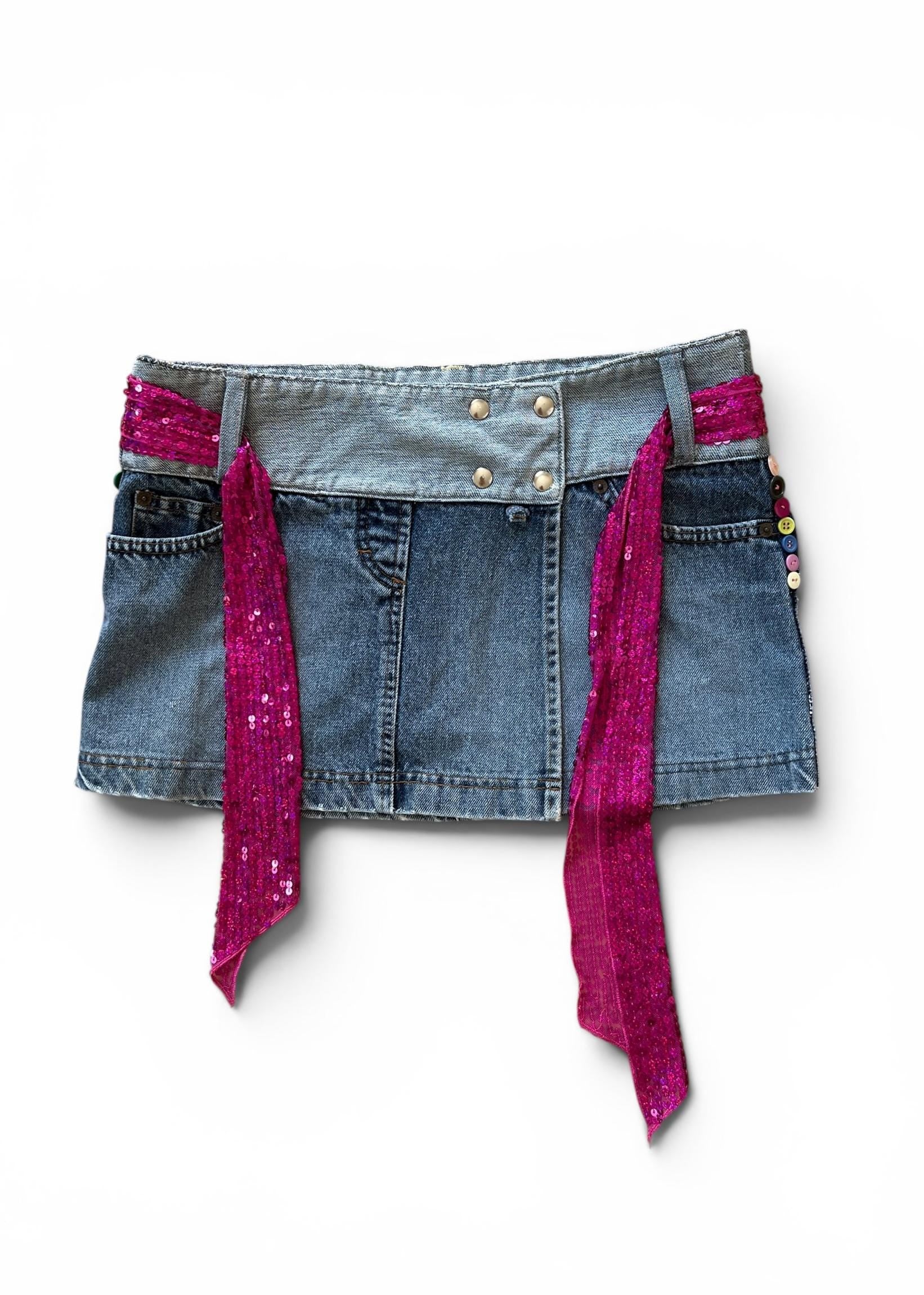 Minigonna Denim Vintage Y2K Vita Bassa con Fusciacca Paillettes Fucsia