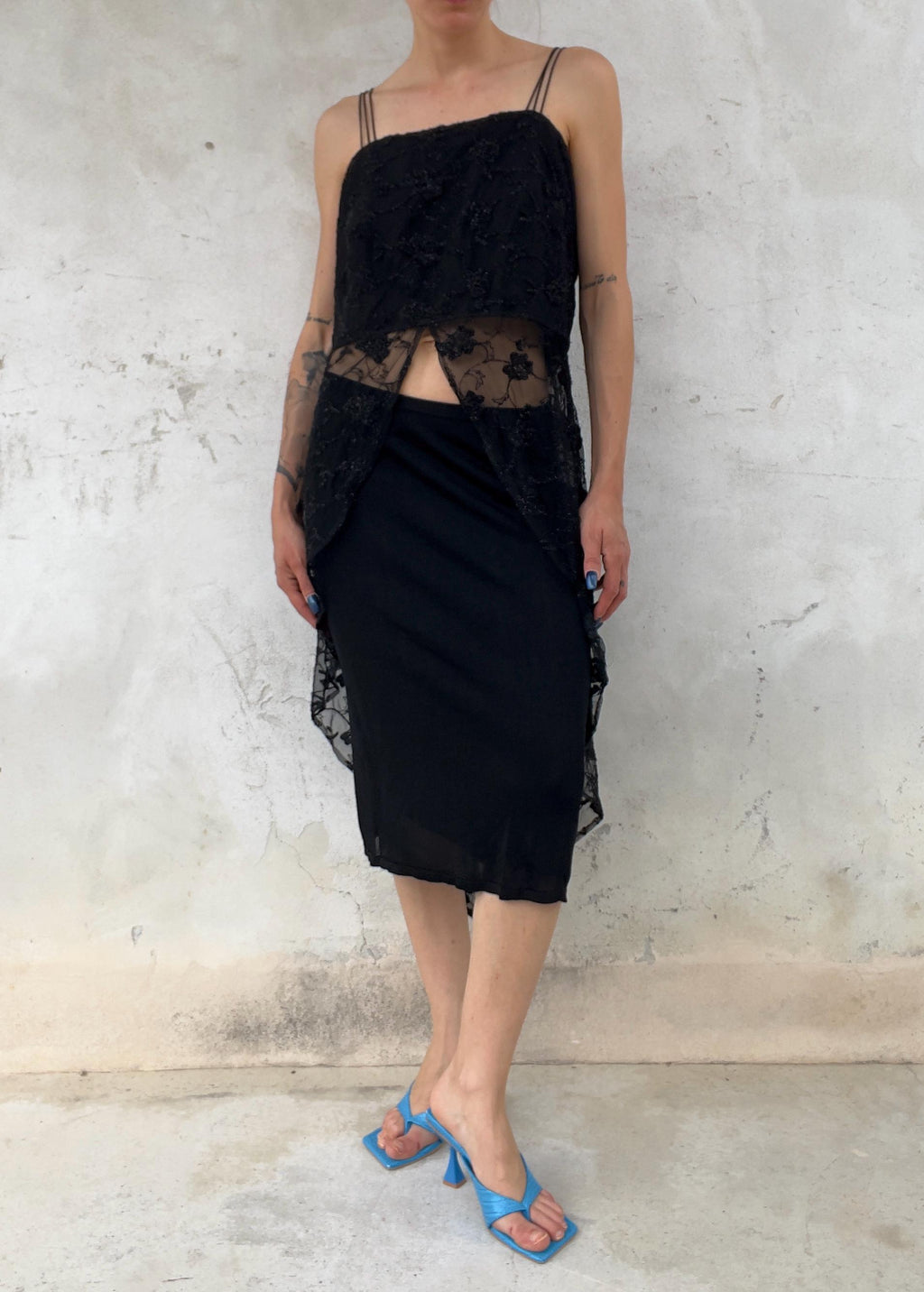 Top Vintage Y2K in Mesh e Pizzo Nero
