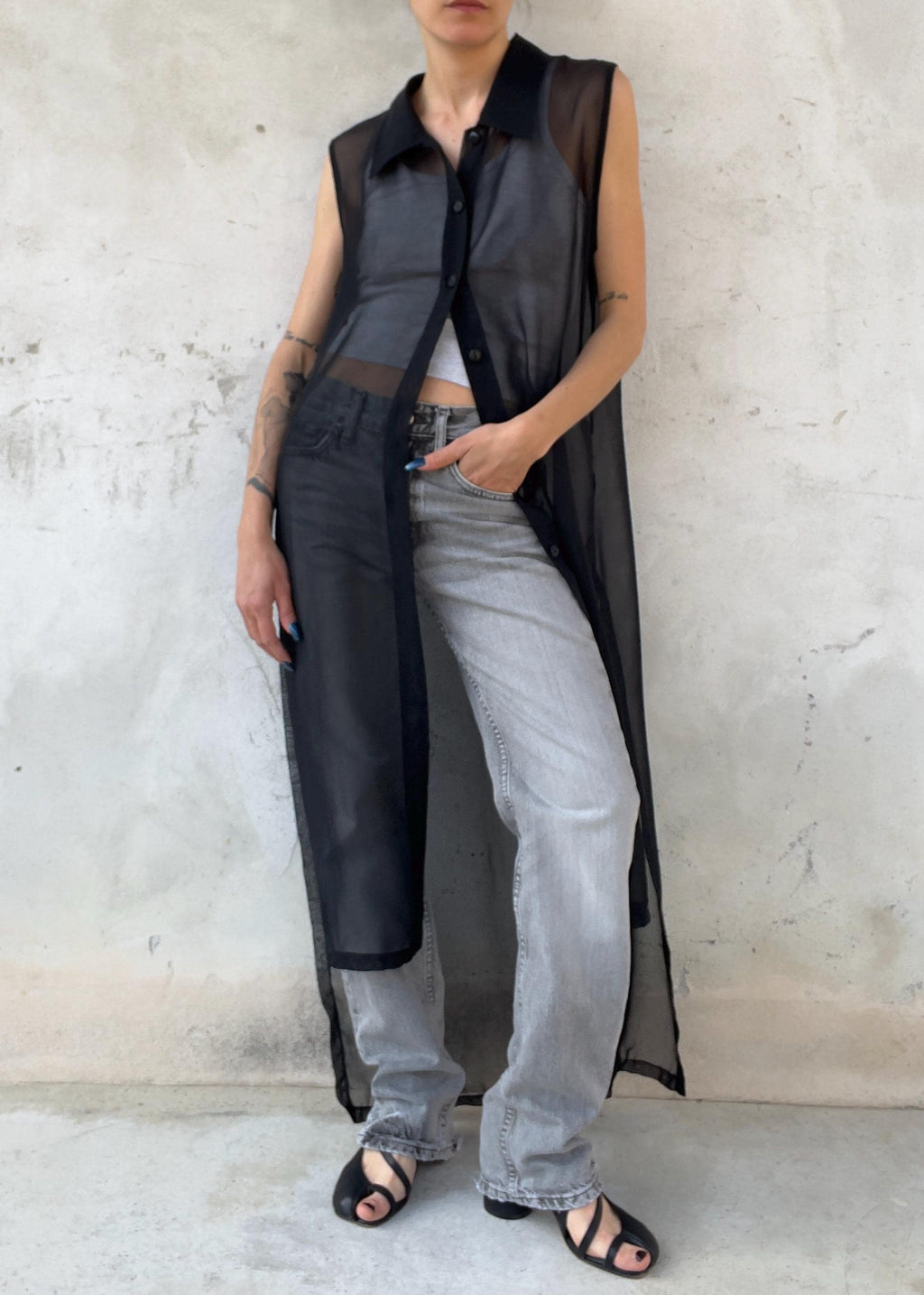 Gilet Lungo Vintage 90s Nero Sheer
