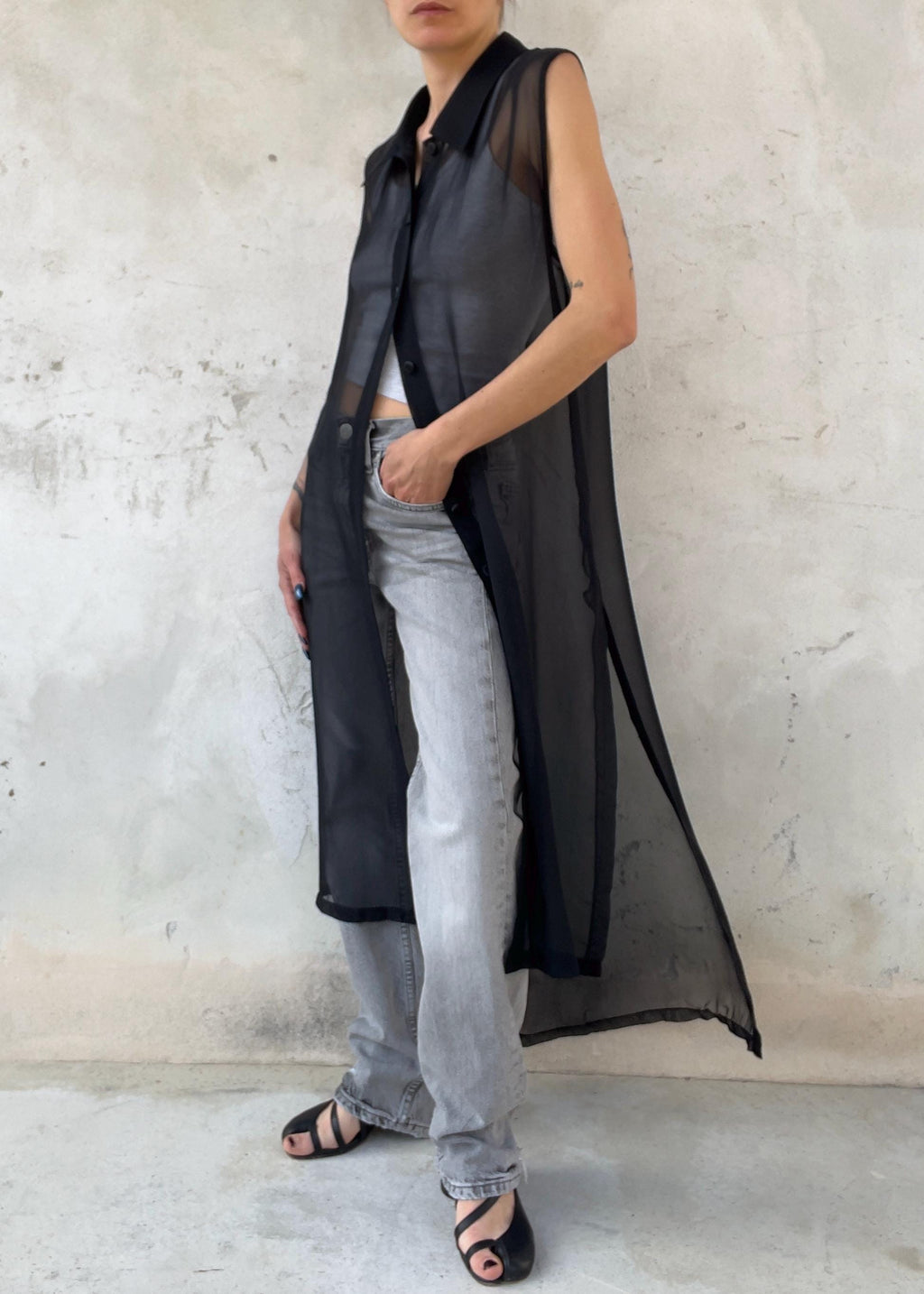 Gilet Lungo Vintage 90s Nero Sheer