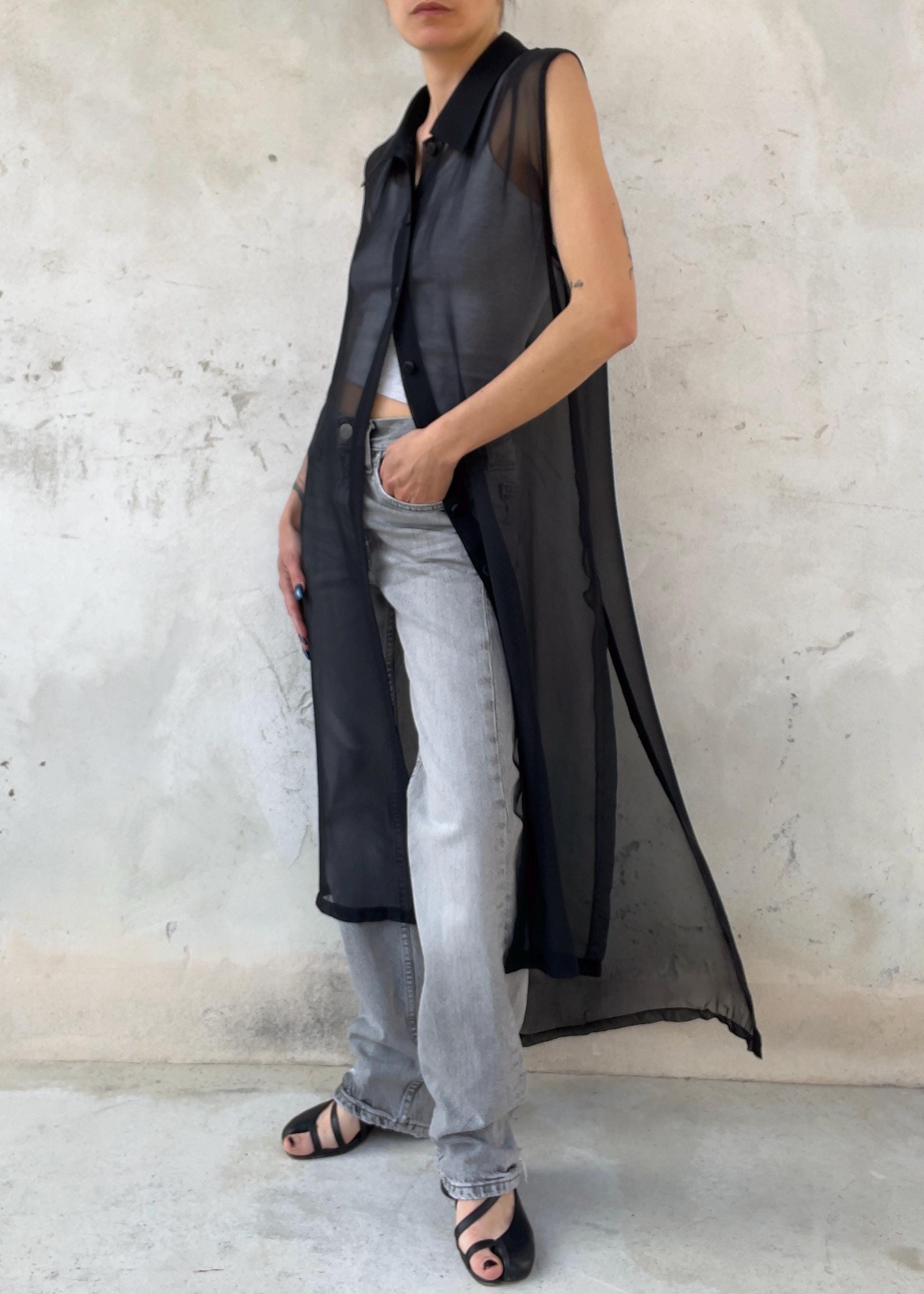 Gilet Lungo Vintage 90s Nero Sheer