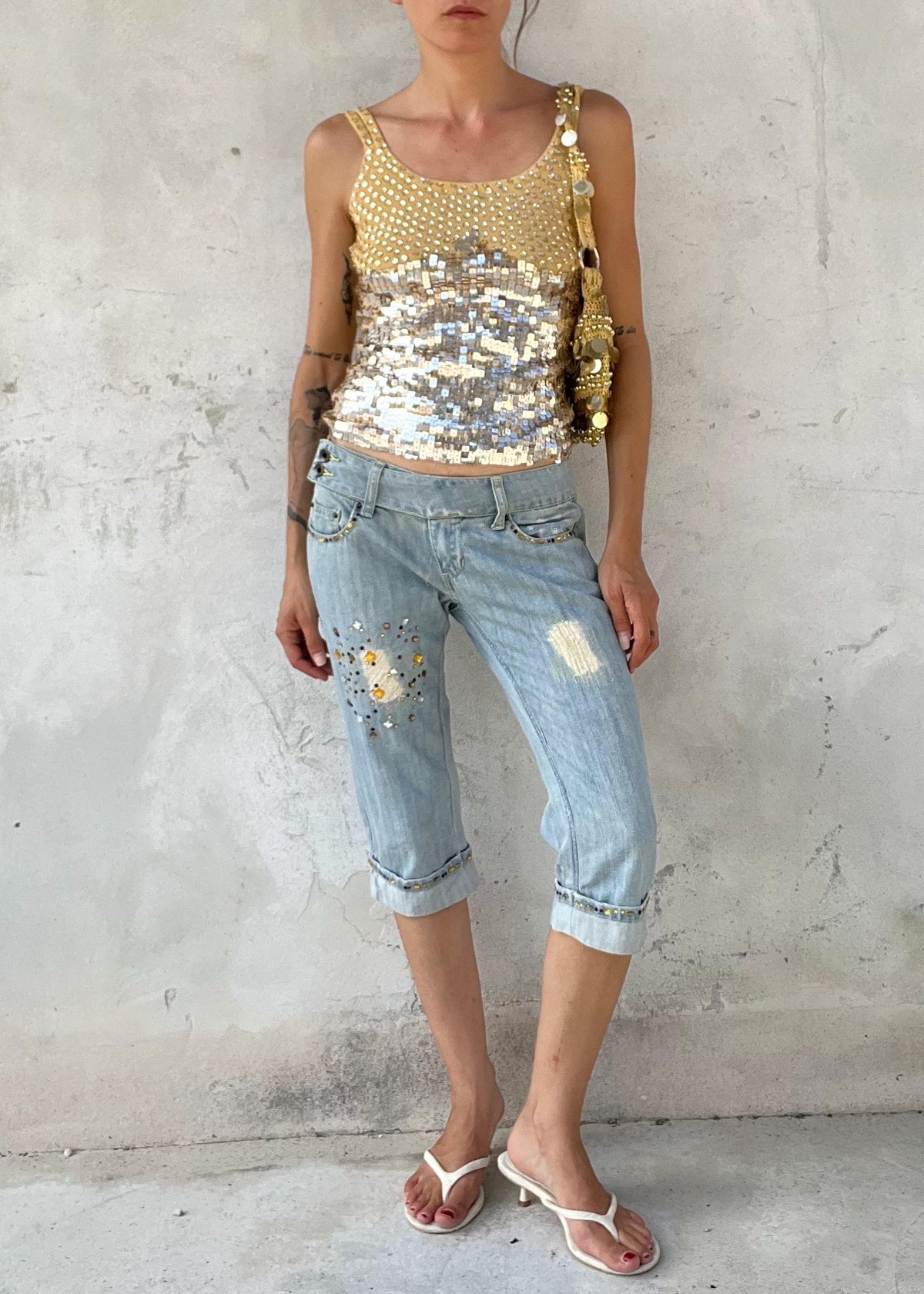 Jeans Capri Vintage Y2K Vita Bassa con Strass