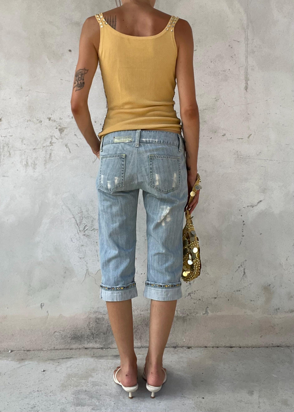 Jeans Capri Vintage Y2K Vita Bassa con Strass