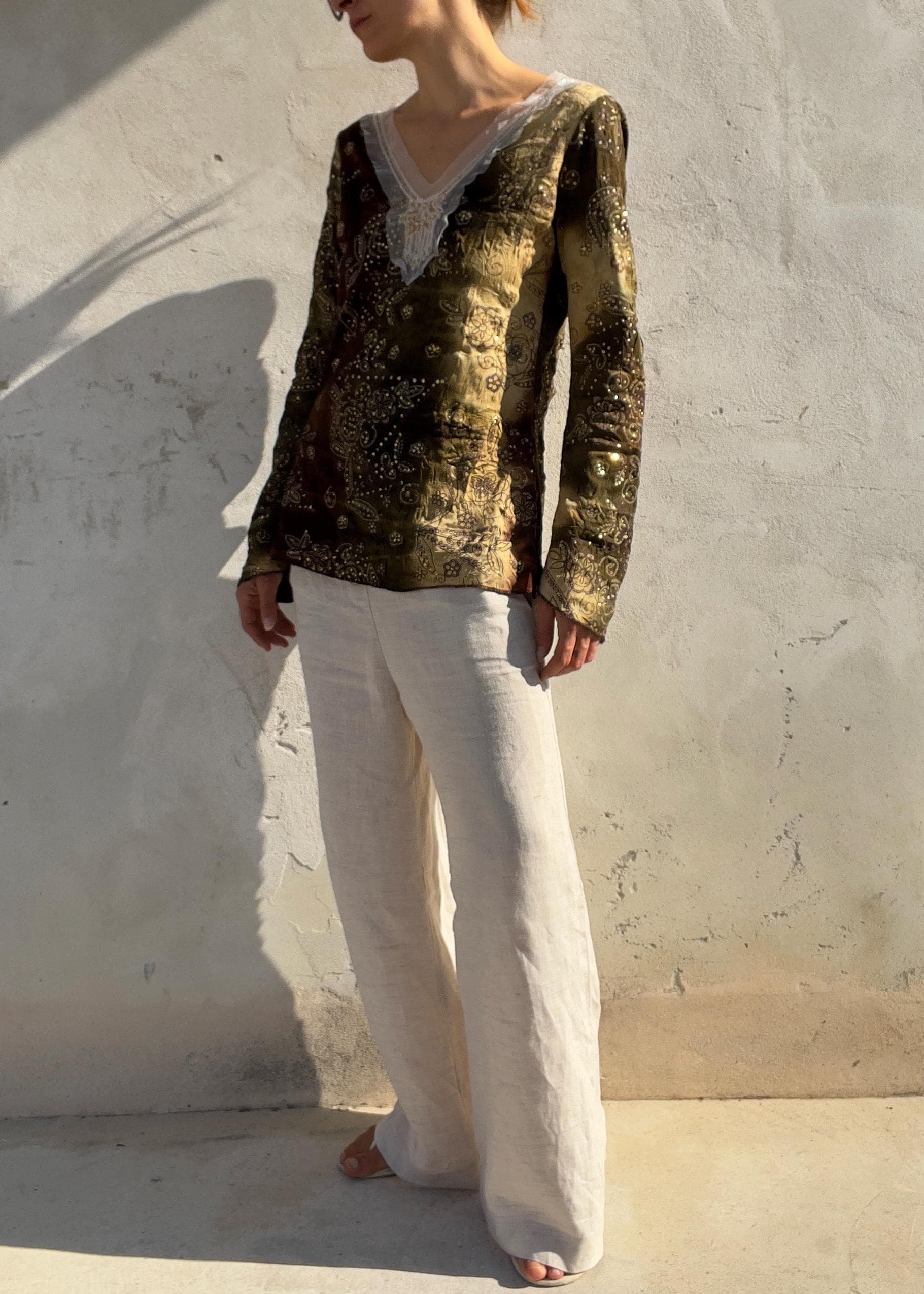 Blusa Vintage Y2K Boho Paisley con Paillettes