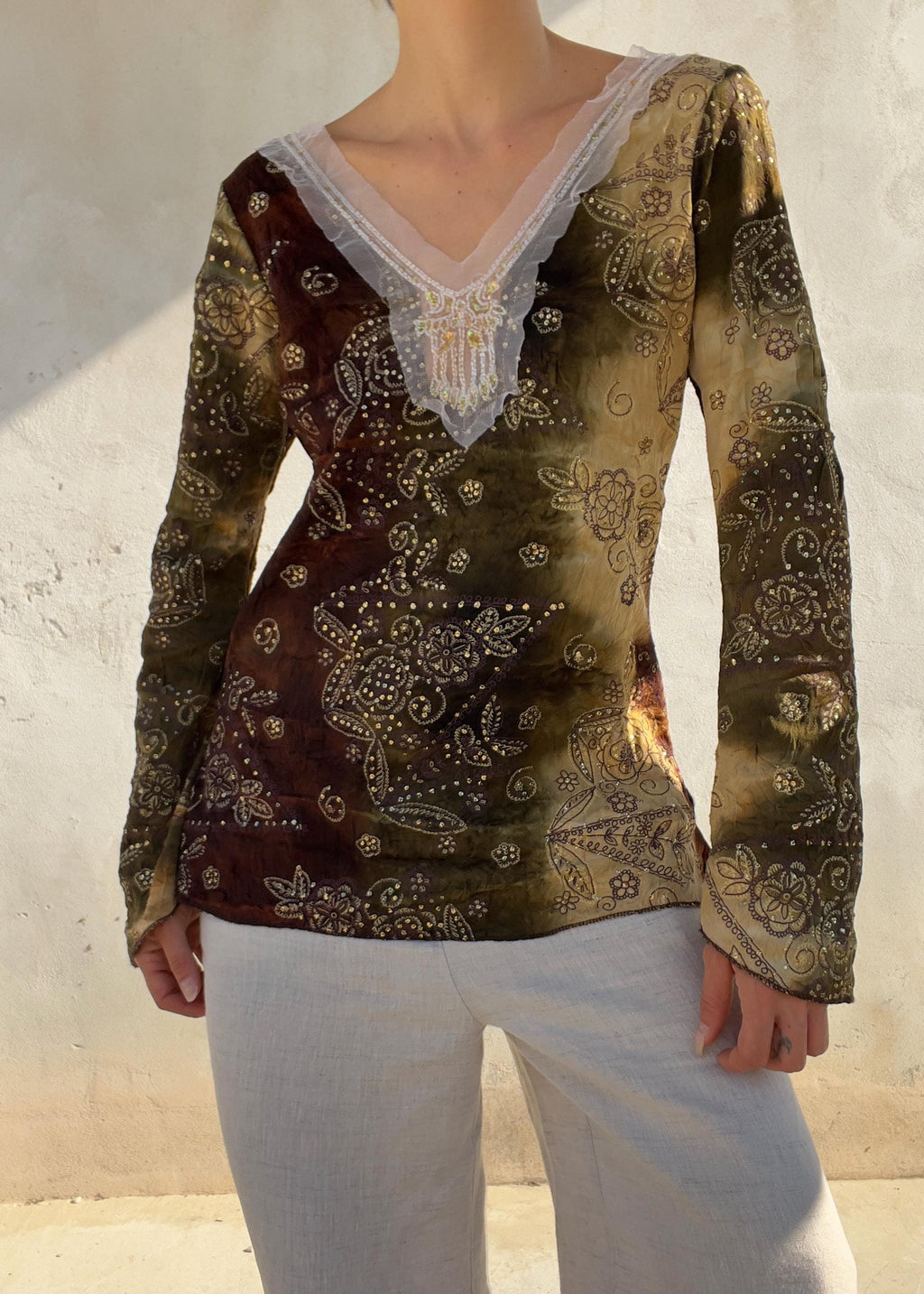 Blusa Vintage Y2K Boho Paisley con Paillettes